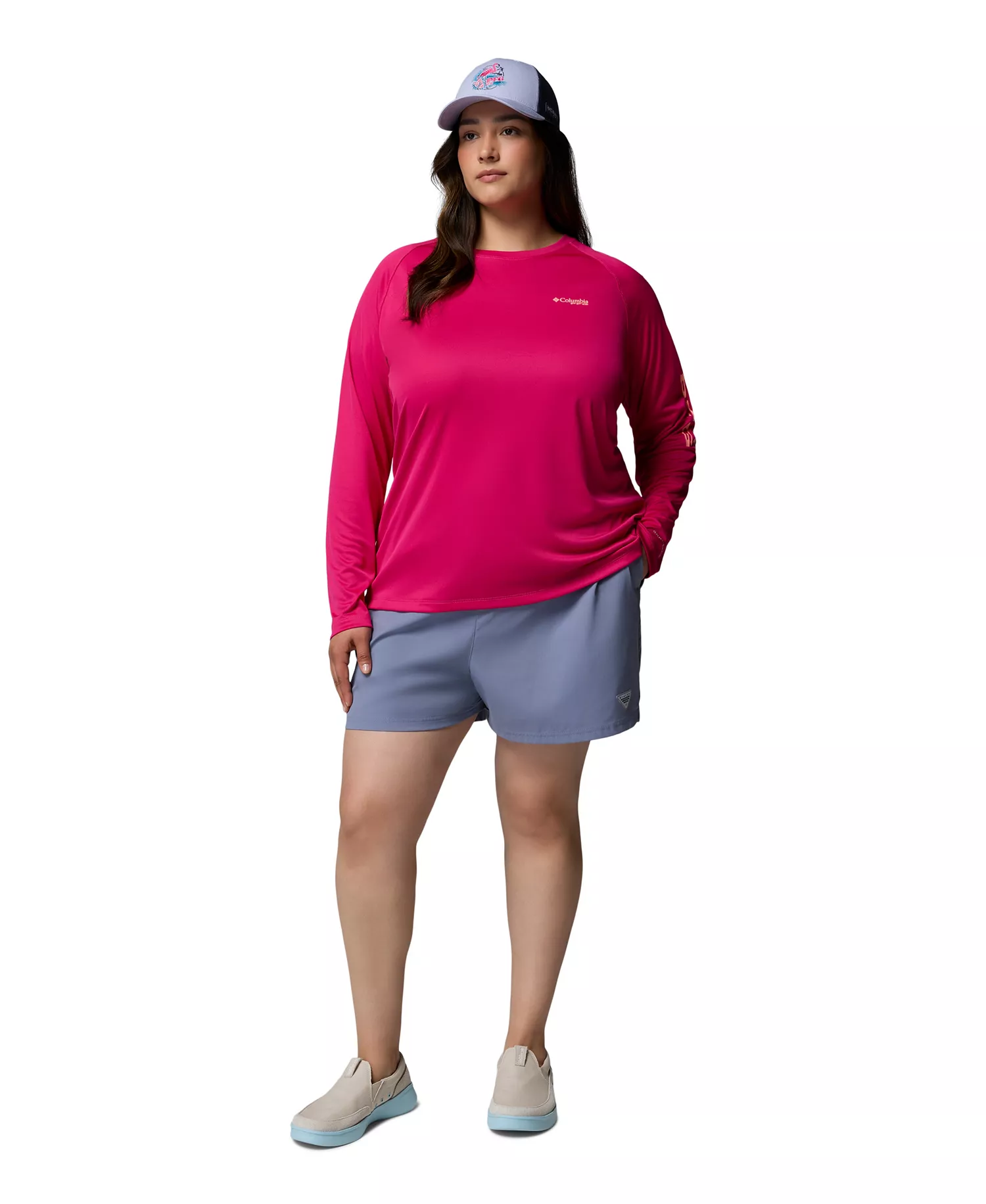 Plus Size PFG Tidal Tee II Omni-Shade T-Shirt  - Guava Pink, Tiki Pink Logo - 1X