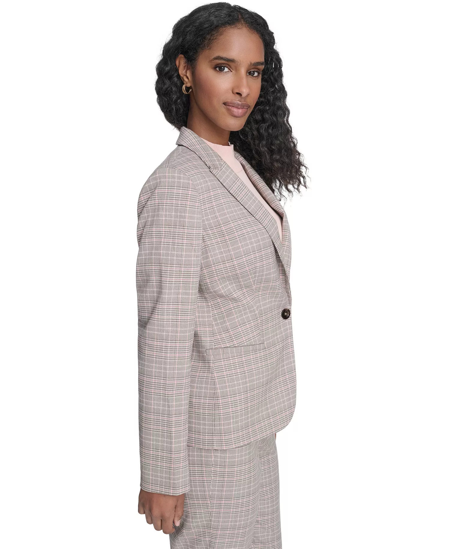 Women's Plaid One Button Blazer Jacket, Floral Clip Draped Crew Neck Top, and Plaid Sloane Ankle Pants - Pale Pink Multi - 0