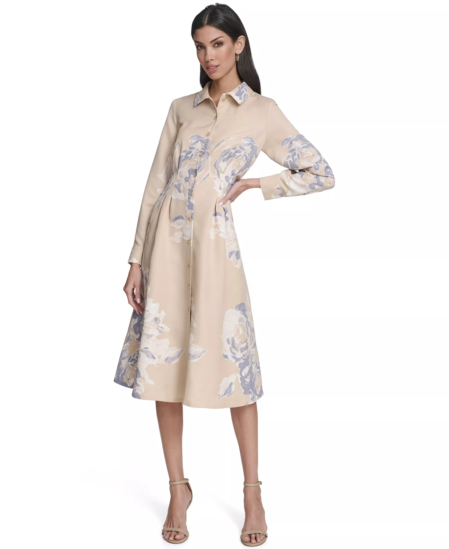 Women's Printed Collar Shirt Dress - Khaki Multi - 10