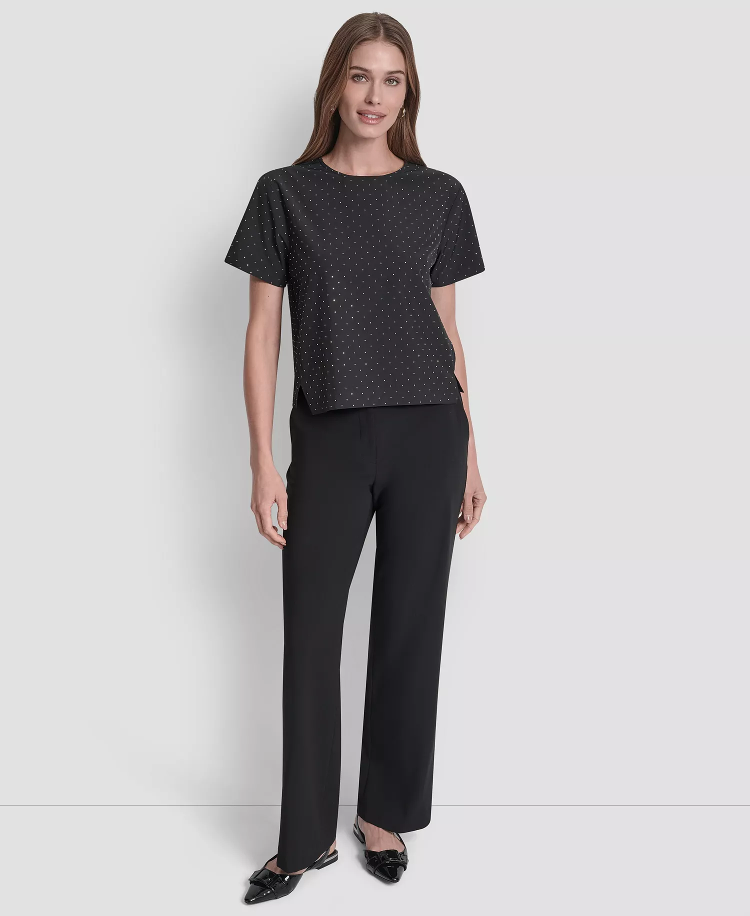 Women's Crewneck Short Sleeves Top - Black/crystal Stones - XL