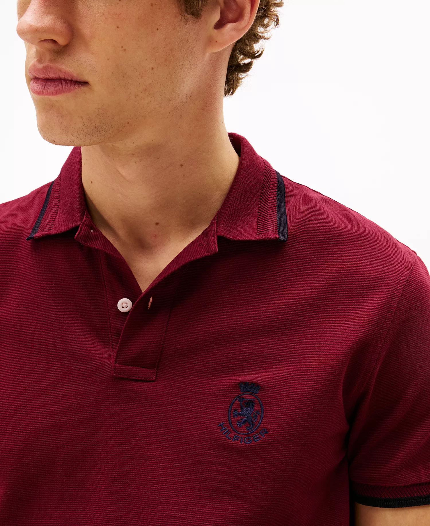 Men's Classic-Fit Seasonal Embroidered Crest Tipped Polo Shirt - Deep Rouge - L