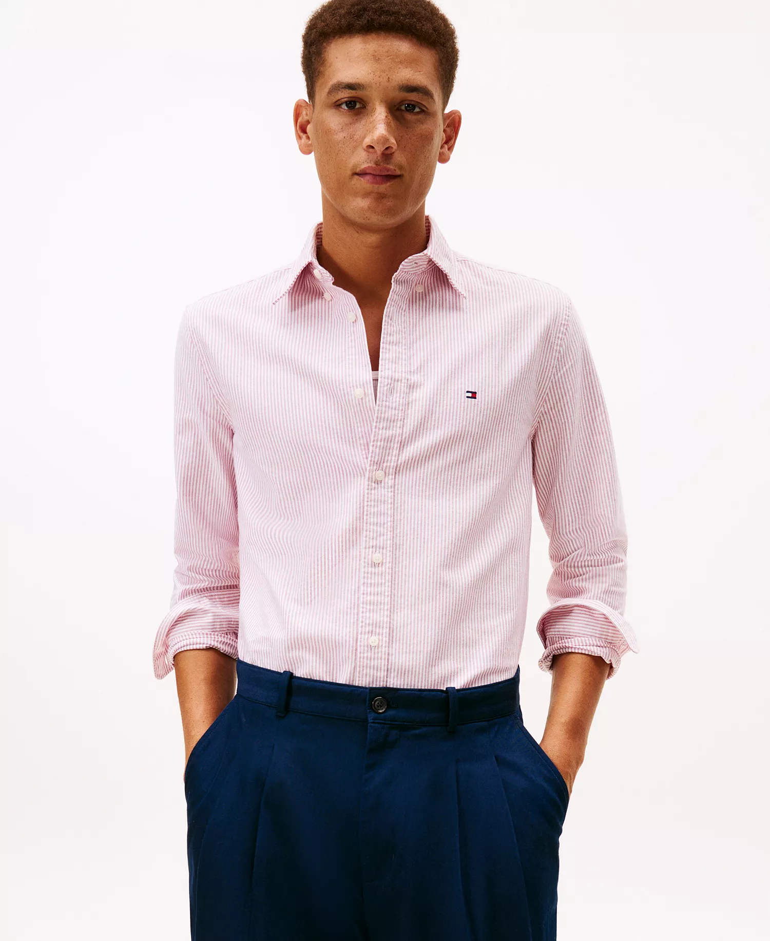 Men's Regular-Fit Striped Heritage Oxford Long-Sleeve Shirt - Medium Red / White - L