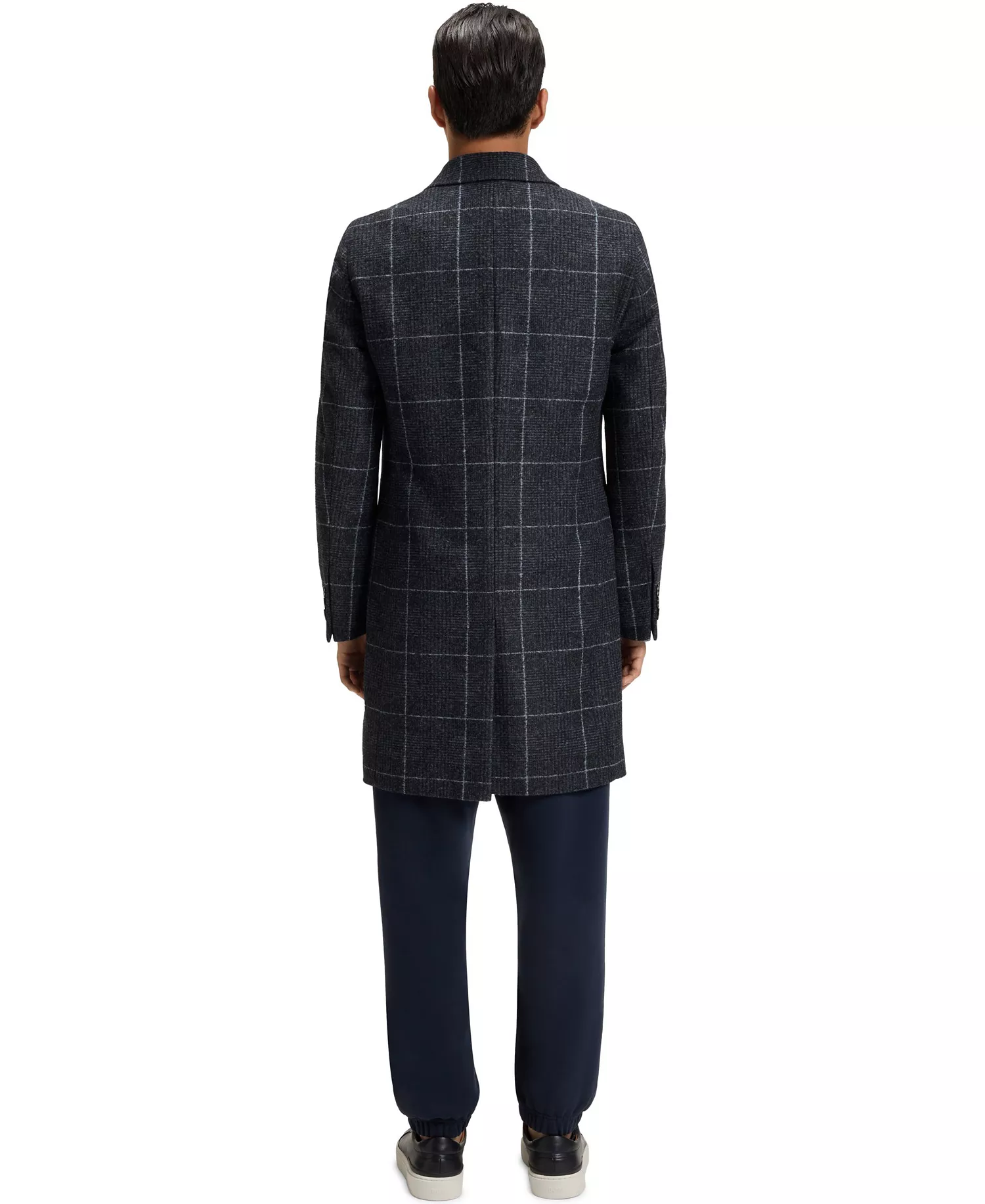 Men's Plain Check Slim-Fit Coat - Dark Blue - 34R