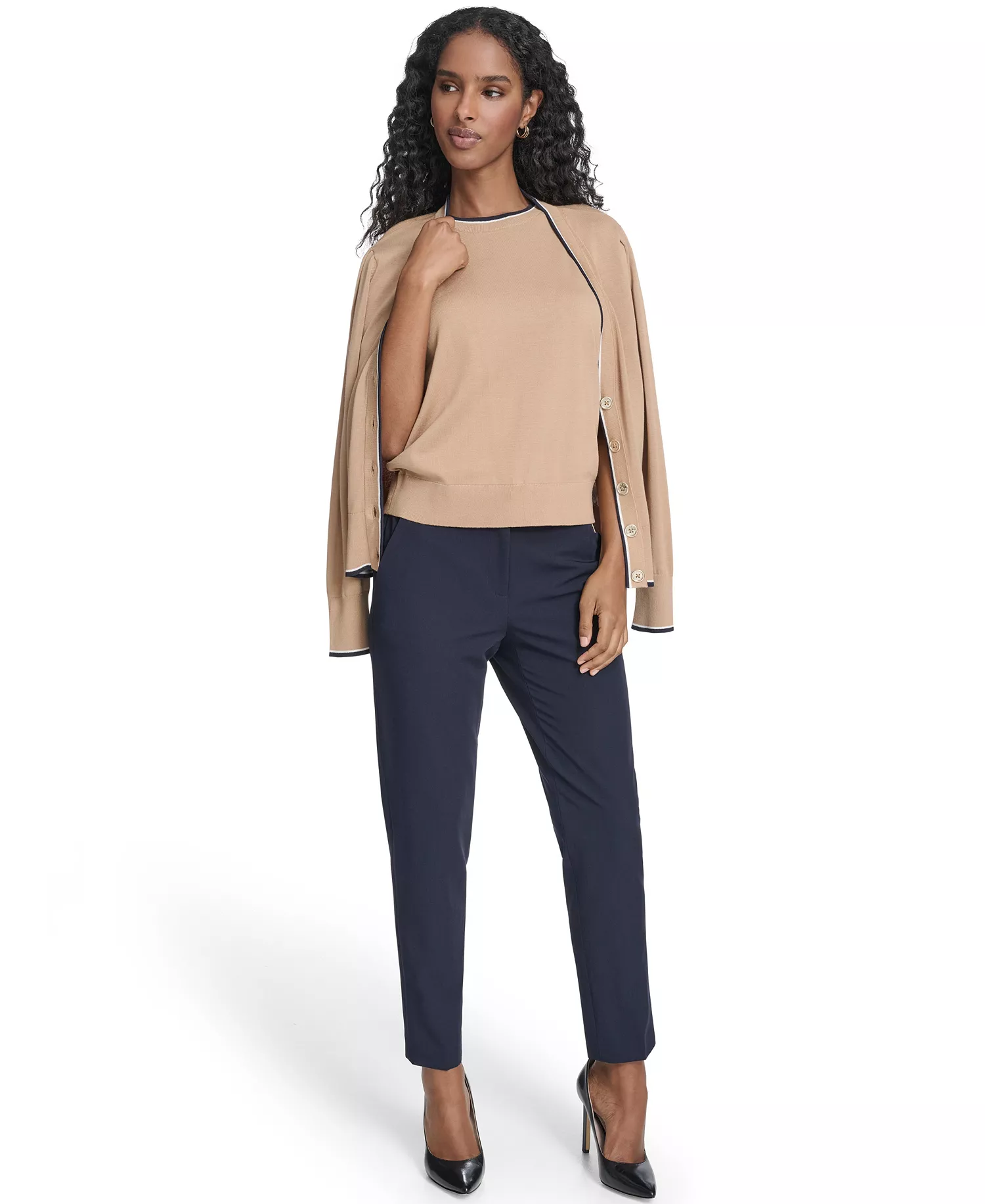 Women's Tipped V-Neck Cardigan Set - Tannin Multi - L