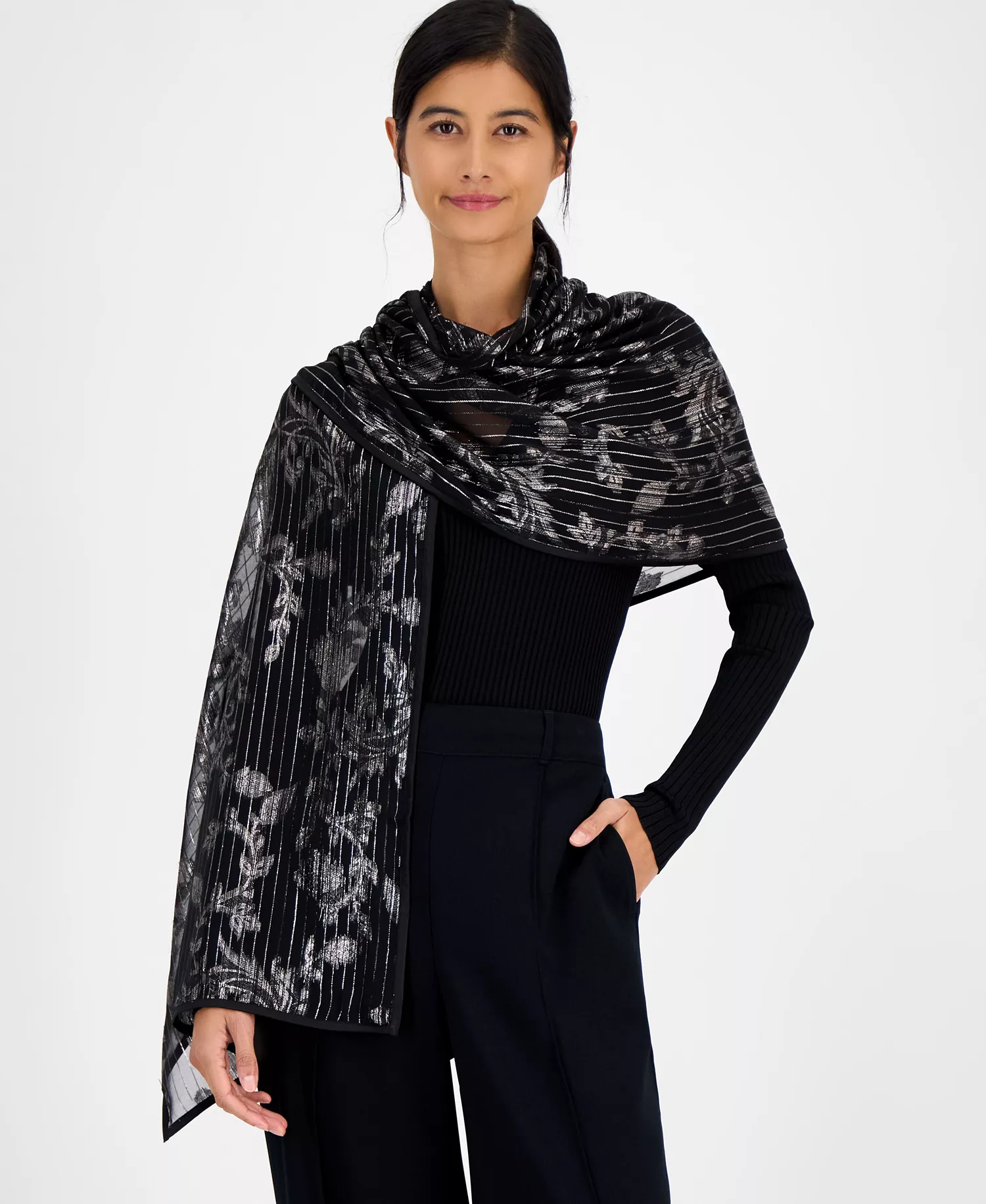 Floral Tinsel Jacquard Evening Wrap, Macy's Exclusive - Black - ONE SIZE