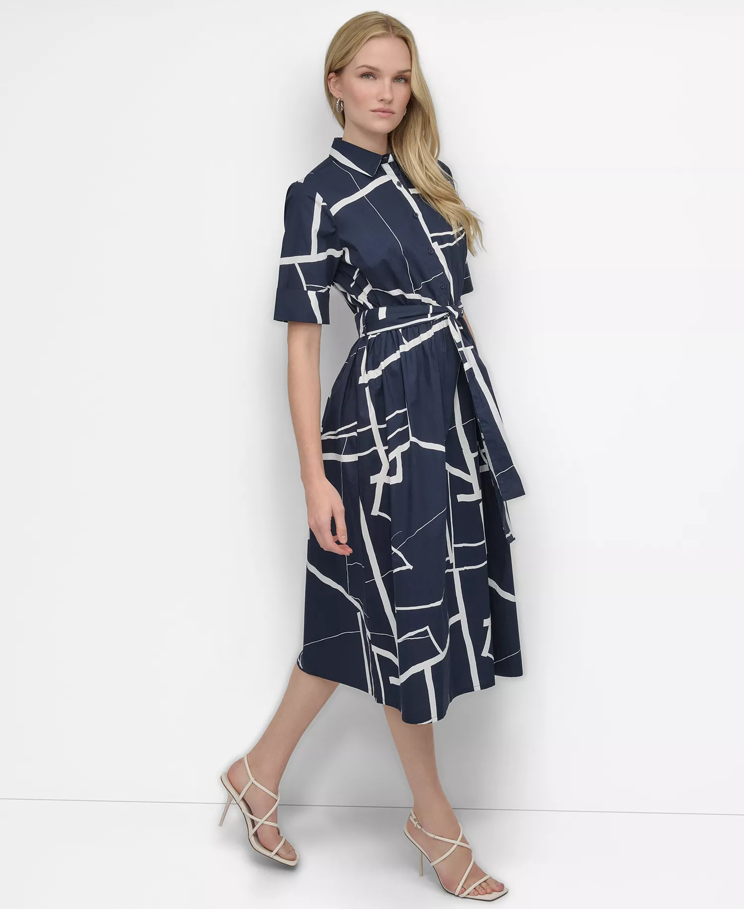 Women's Abstract Printed Cotton Midi Shirt Dress - Navy, Cream - 14