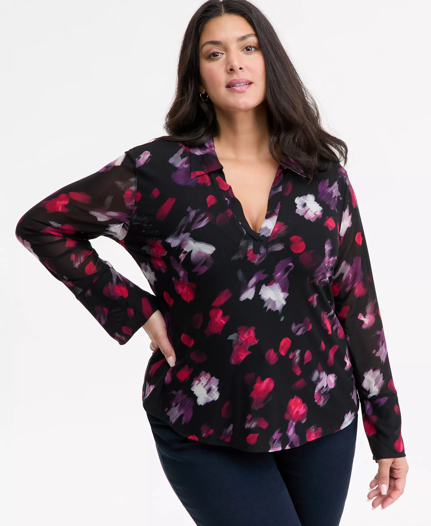 Plus Size Printed Collared Mesh Top, Macy's Exclusive  - Ava Blooms - 0X
