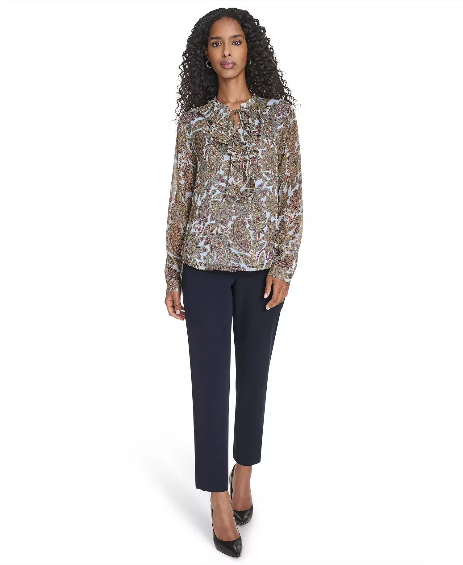 Women's Paisley Ruffle Long Sleeve Blouse - Sky Multi - S