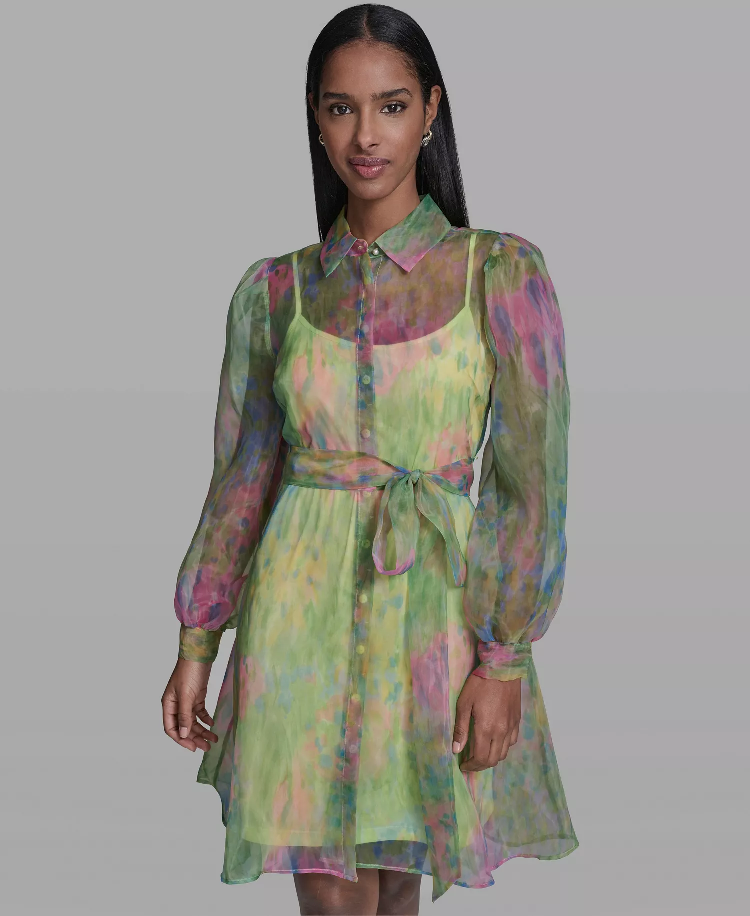 Women's Printed Puff-Sleeve Collared Dress - Pink Sherbet/Tea Green Multi - 0