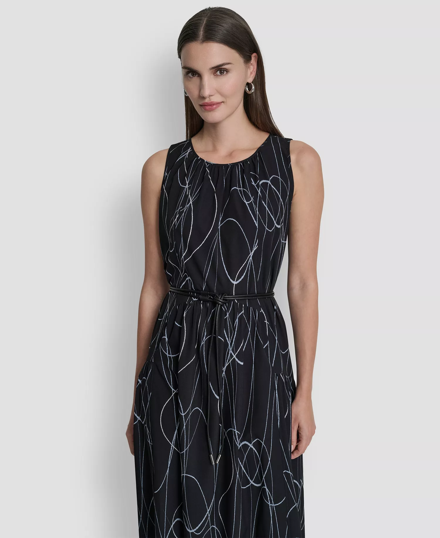 Women's Sleeveless Drop Waist Midi Dress - Black Multi - 10