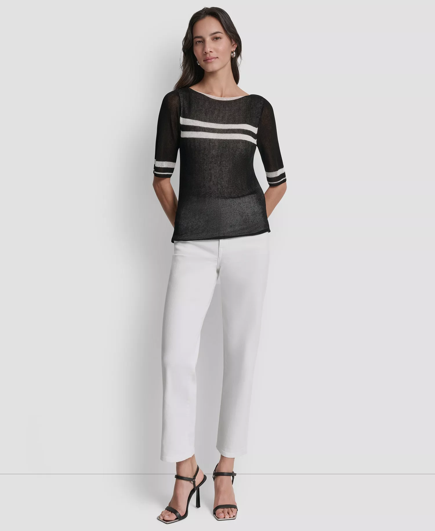 Women's Boat Neck Elbow-Sleeve Stripe Sweater - Black/ivory - L