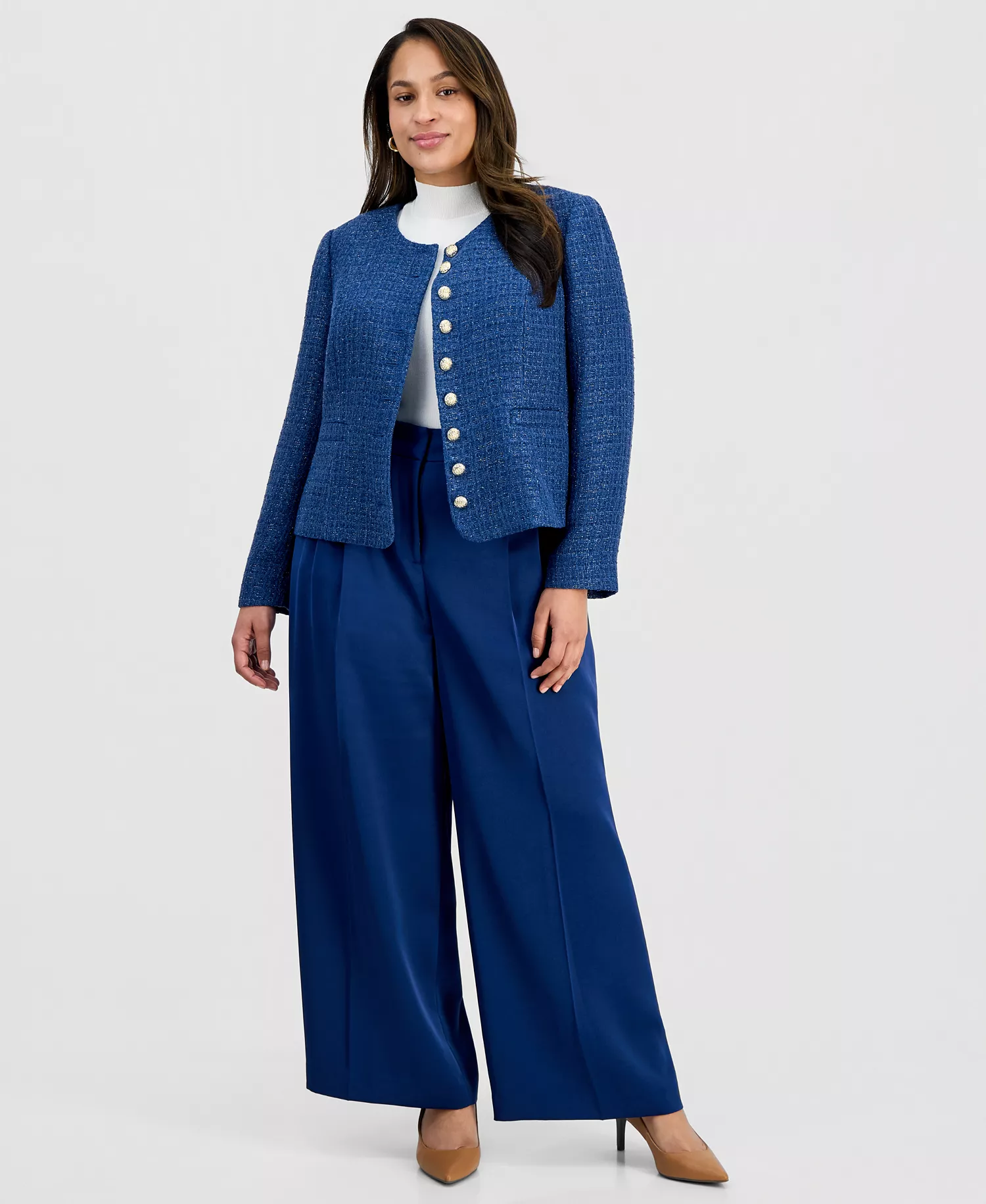 Plus Size Boucle-Knit Collarless Jacket  - Riverside Blue - 14W