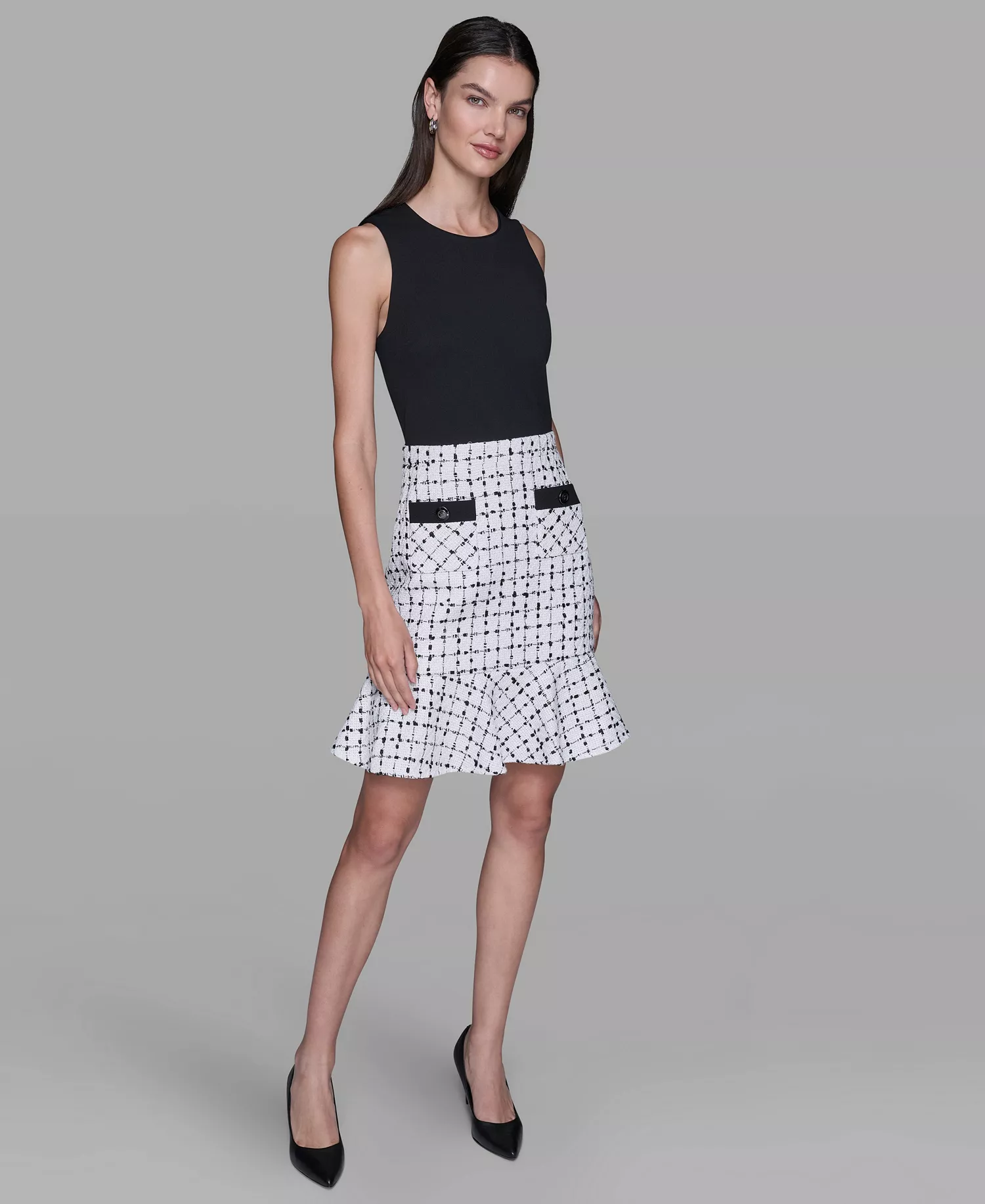 Women's Contrast Grid Tweed Sheath Dress - Soft White/Black - 10