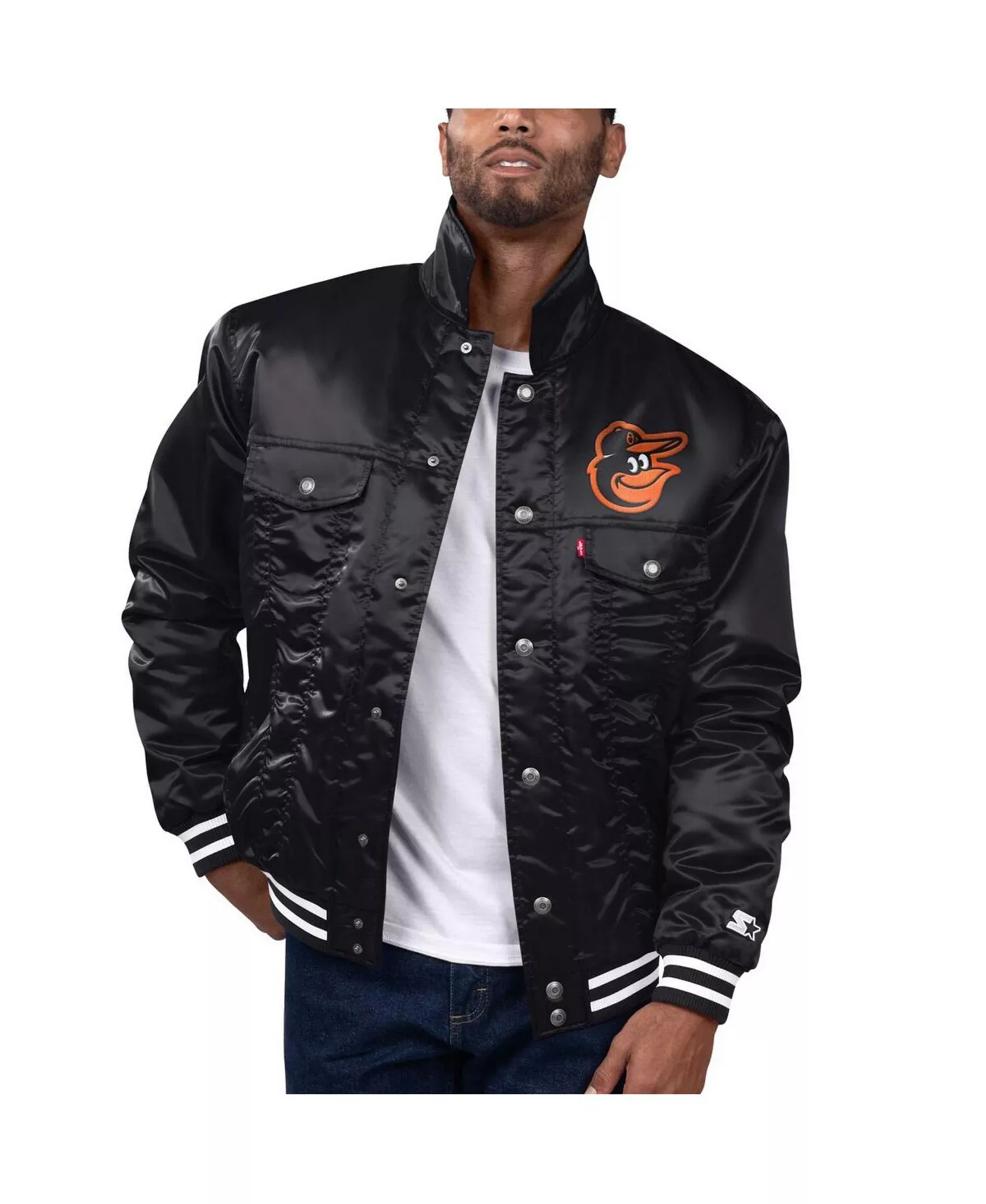 Levi’s x Starter Men's Black Baltimore Orioles Silver Tab Satin Full-Snap Trucker Jacket - Black - L