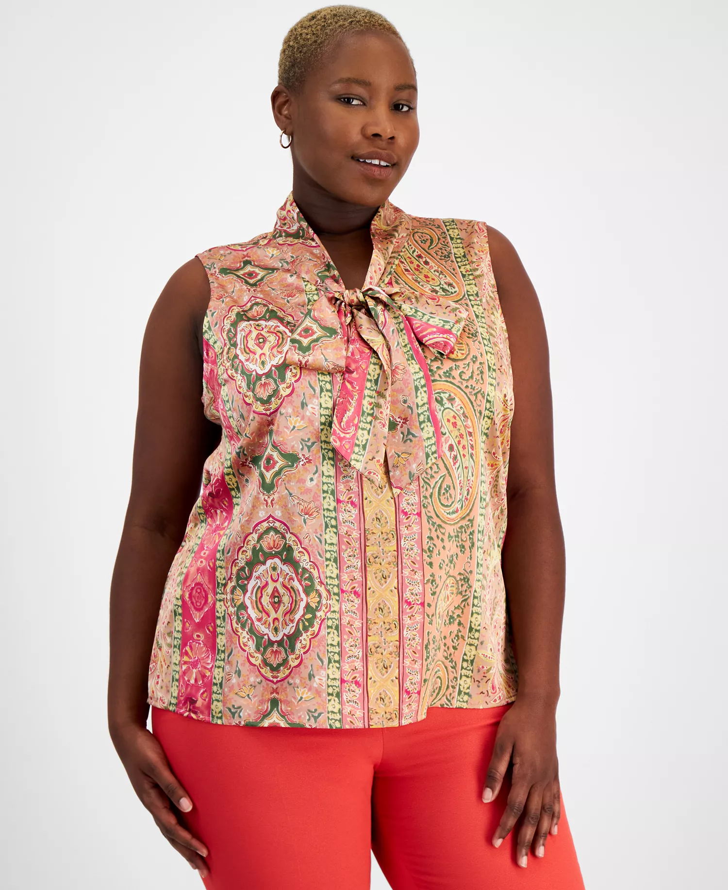 Plus Size Printed Sleeveless Bow Blouse - Olive/Peach - 3X