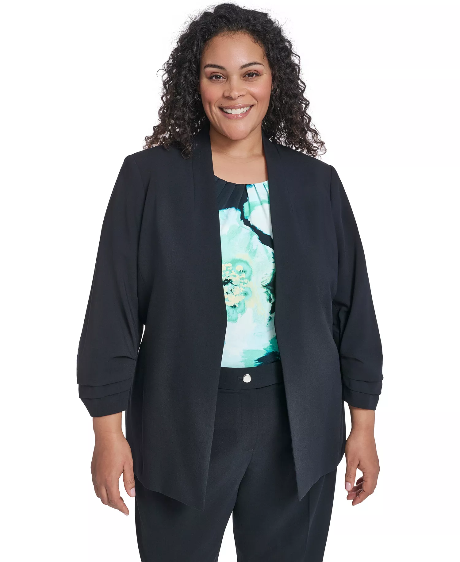 Plus Size Collarless One Button Jacket - Navy - 14W