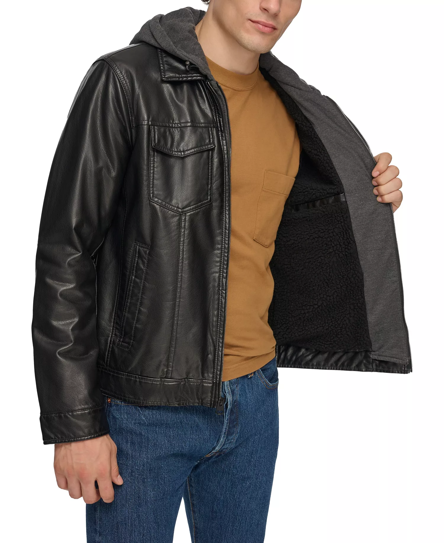 Men's Fleece Hood Faux Leather Jacket - Black - 2XL