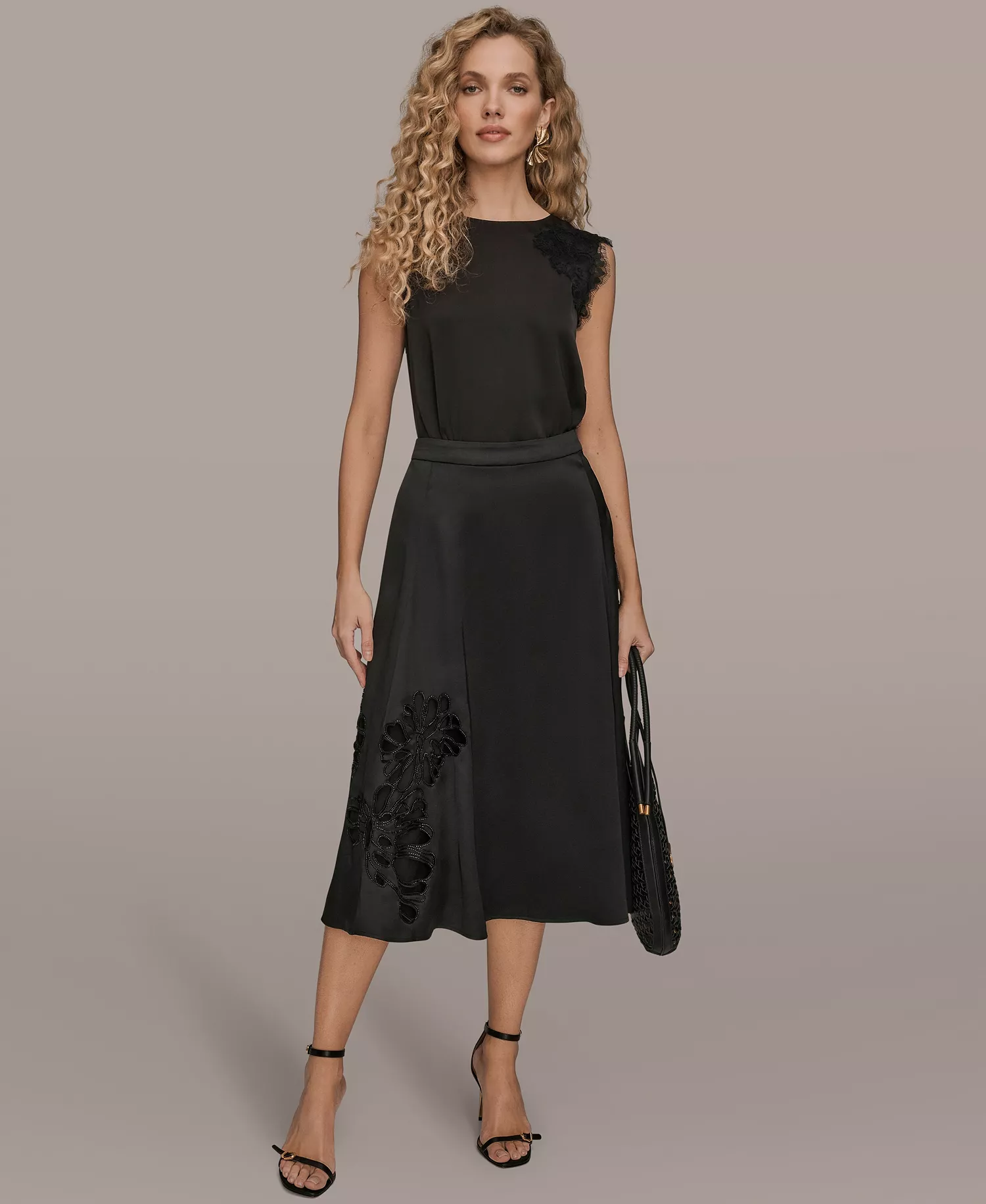 Women's Floral Cutout Satin Midi Skirt - Black - 10