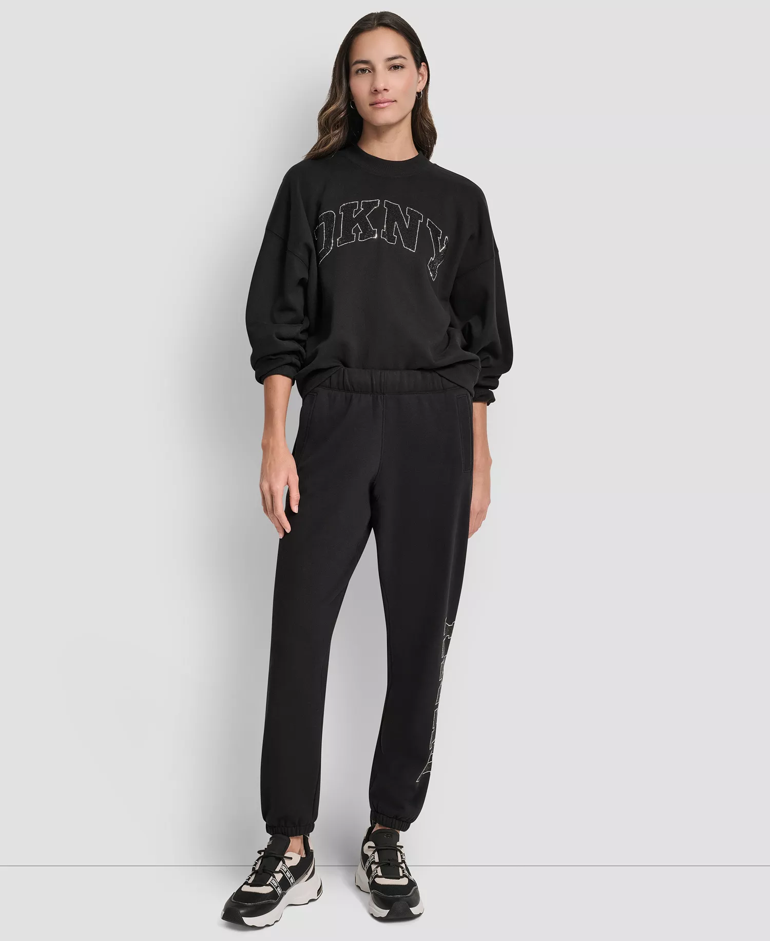 Women's Exploded Rhinestone Varsity Logo High Rise Relaxed Jogger - Black - L