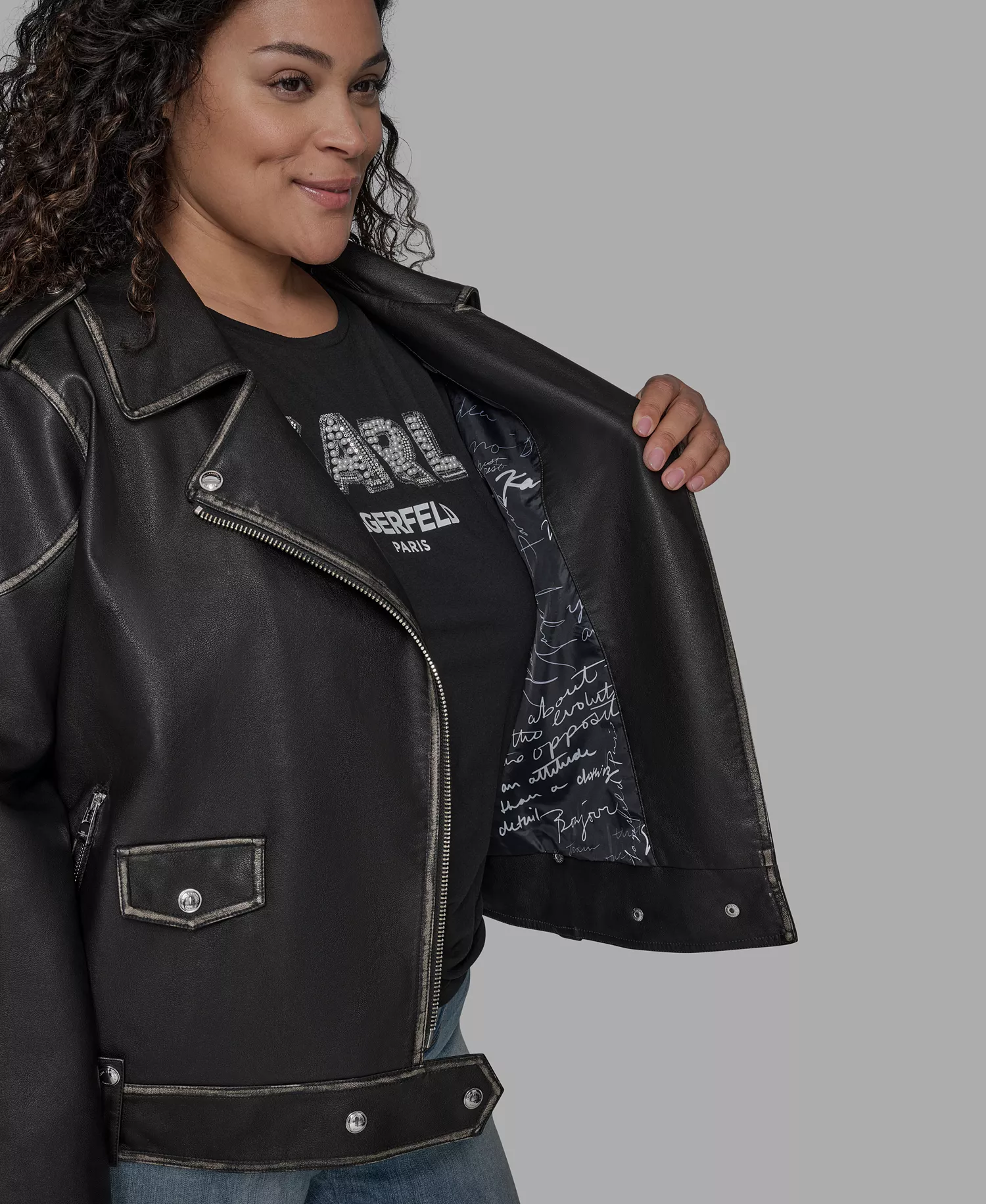 Plus Size Asymmetric Faux-Leather Belted Moto Coat - Black - 3X