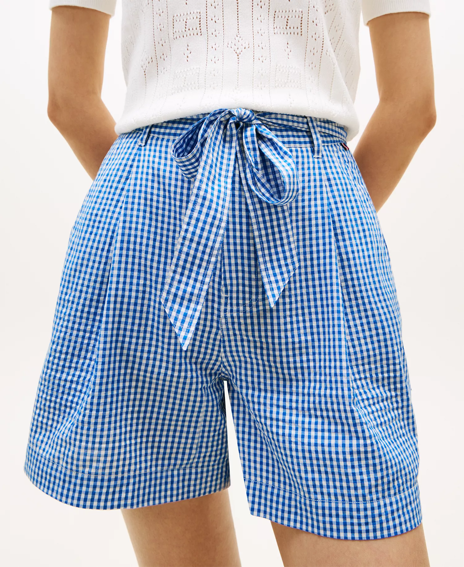 Women's Gingham Woven Belted Shorts - Blue - L