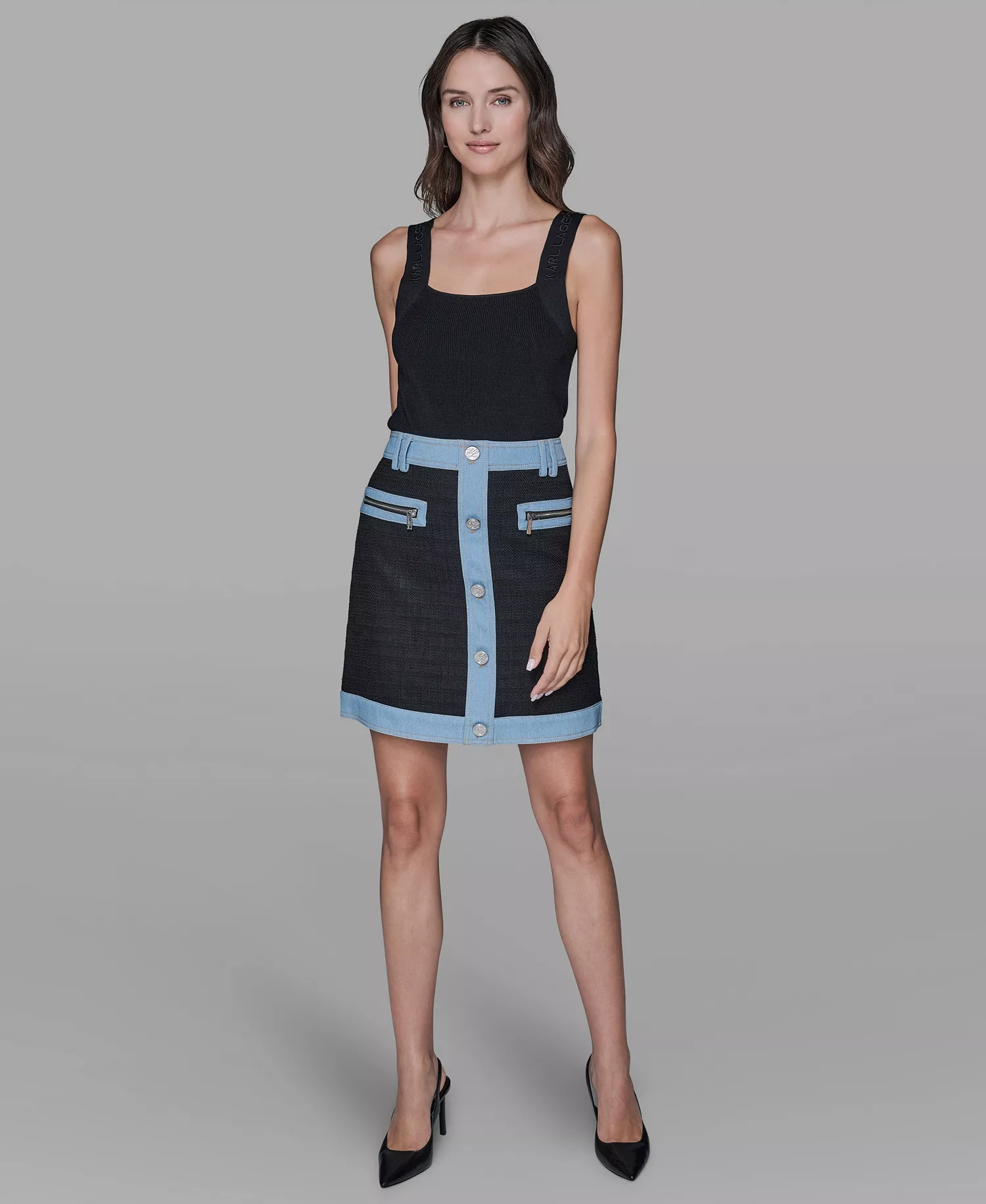 Women's Tweed Denim Mini Skirt - Black/Ice Blue - 10