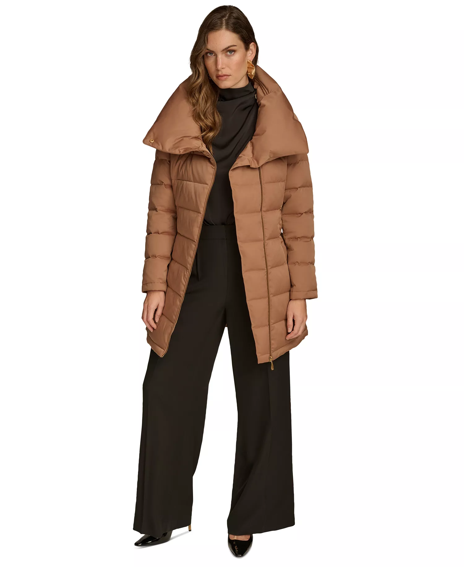 Women's Belted Asymmetric Puffer Coat - Antique Gold - L