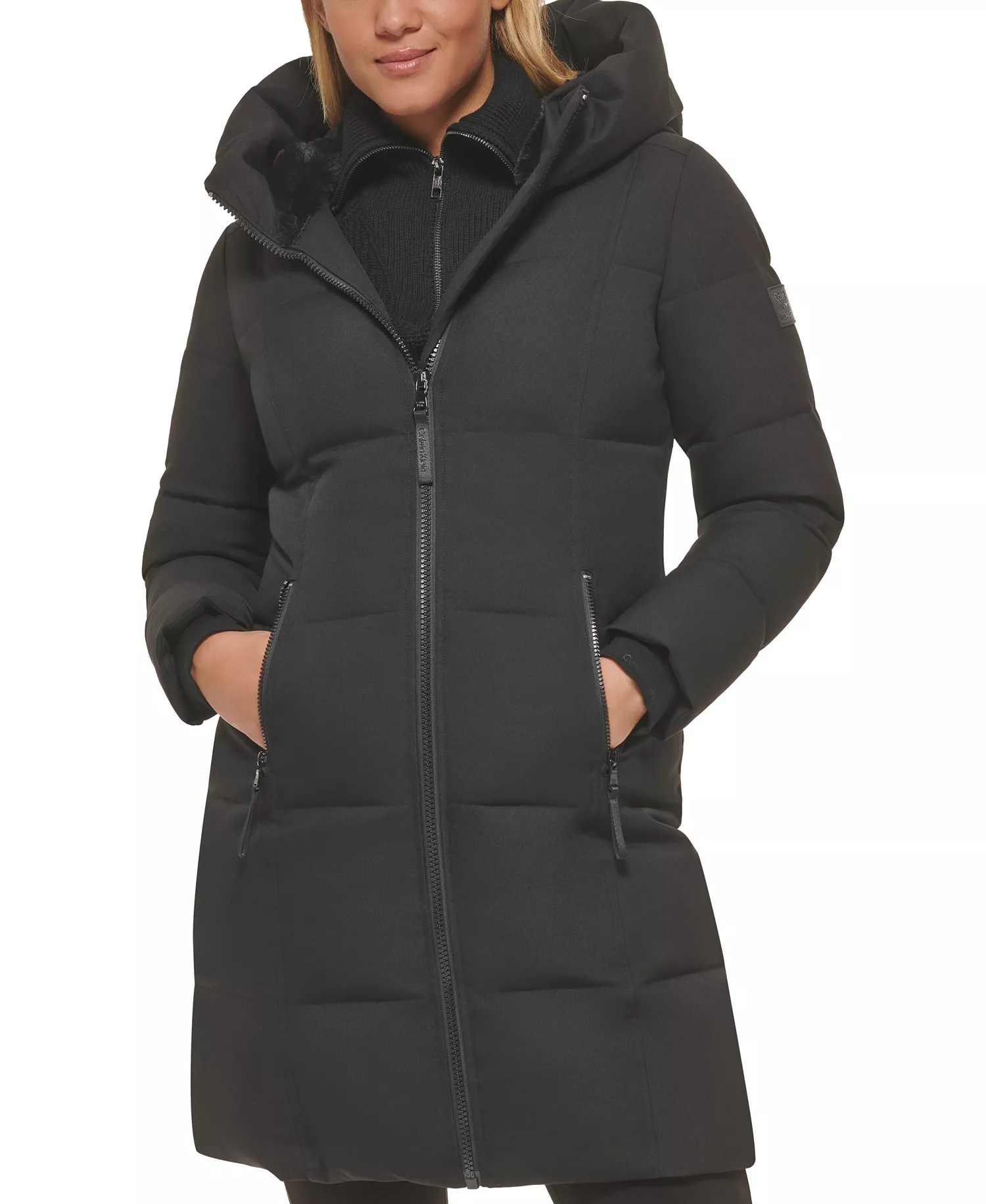 Women's Stand Collar Hooded Puffer Coat - Black - L