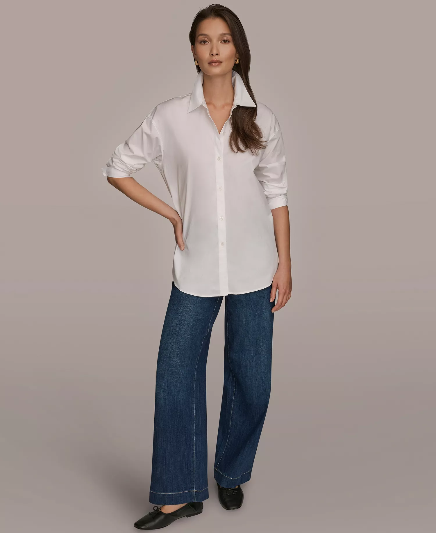 Women's Stretch Poplin Button-Down Shirt - White - L