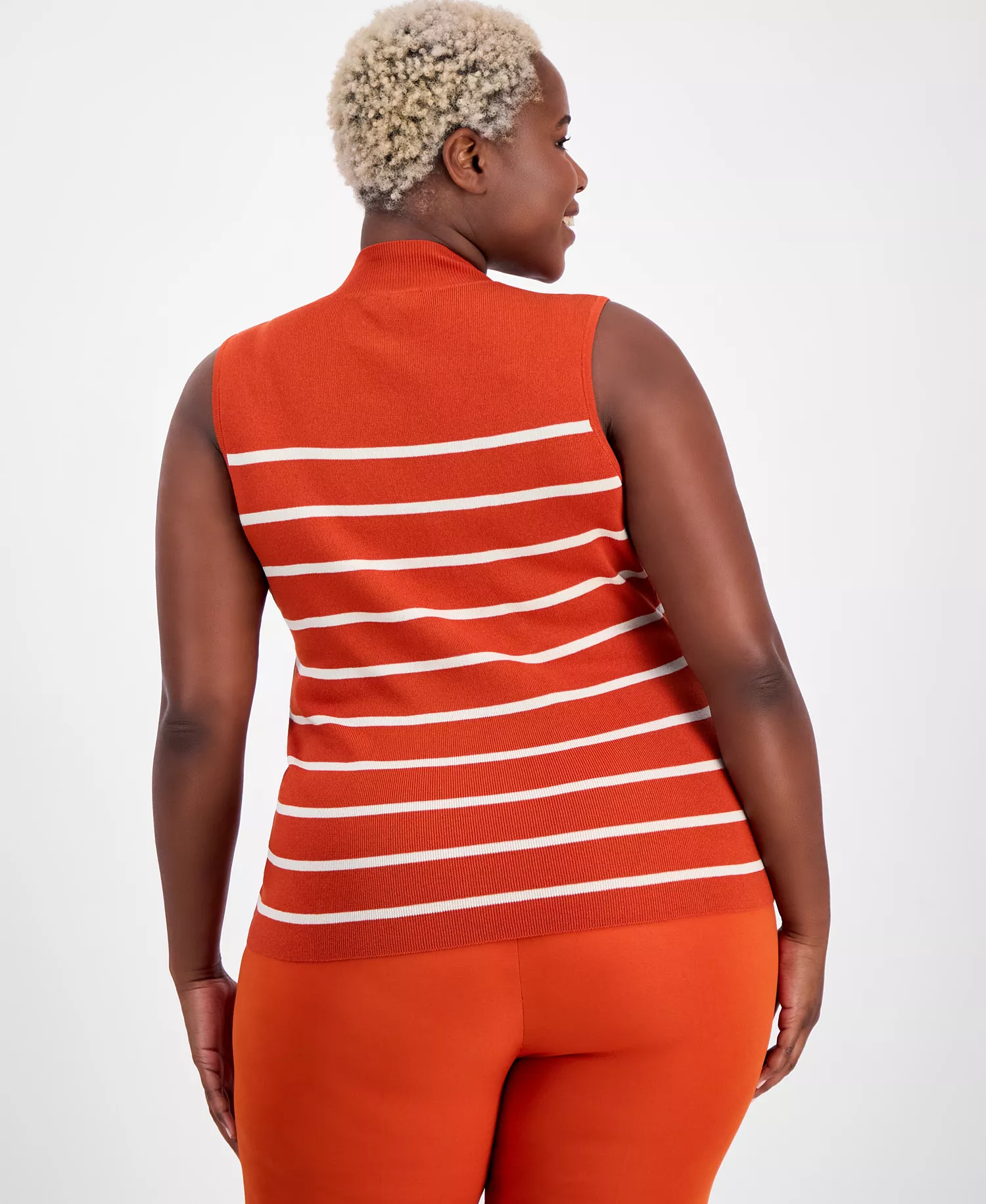 Plus Size Striped Mock-Neck Sleeveless Sweater - Persimmon - 1X