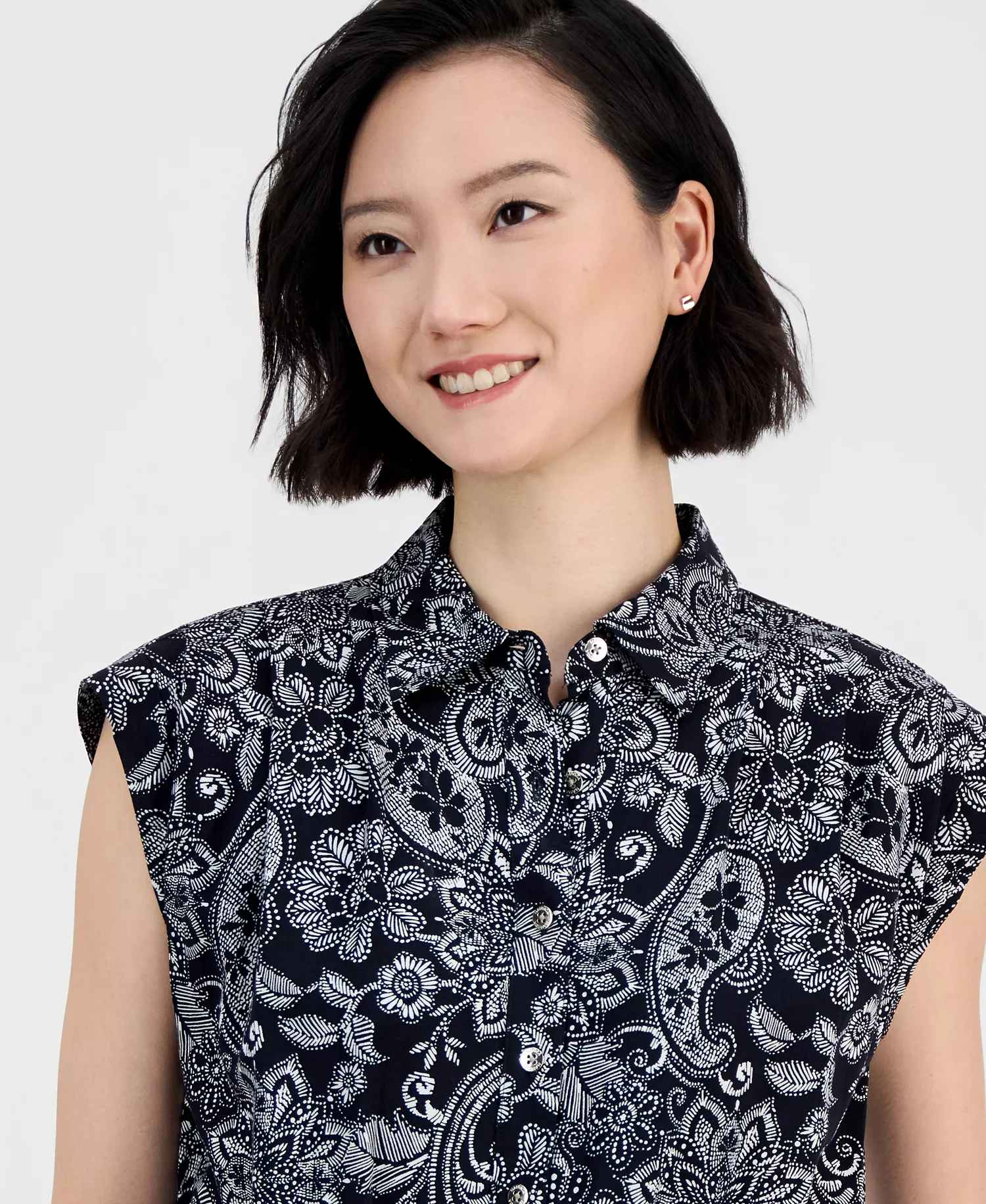 Women's Paisley Button-Front Sleeveless Jumpsuit - Night Sky/ Ivory - 10