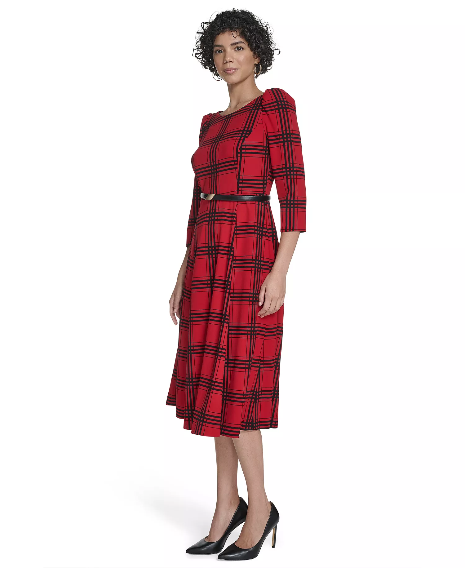 Women's 3/4-Sleeve Plaid Midi Dress - Medium Red - 10