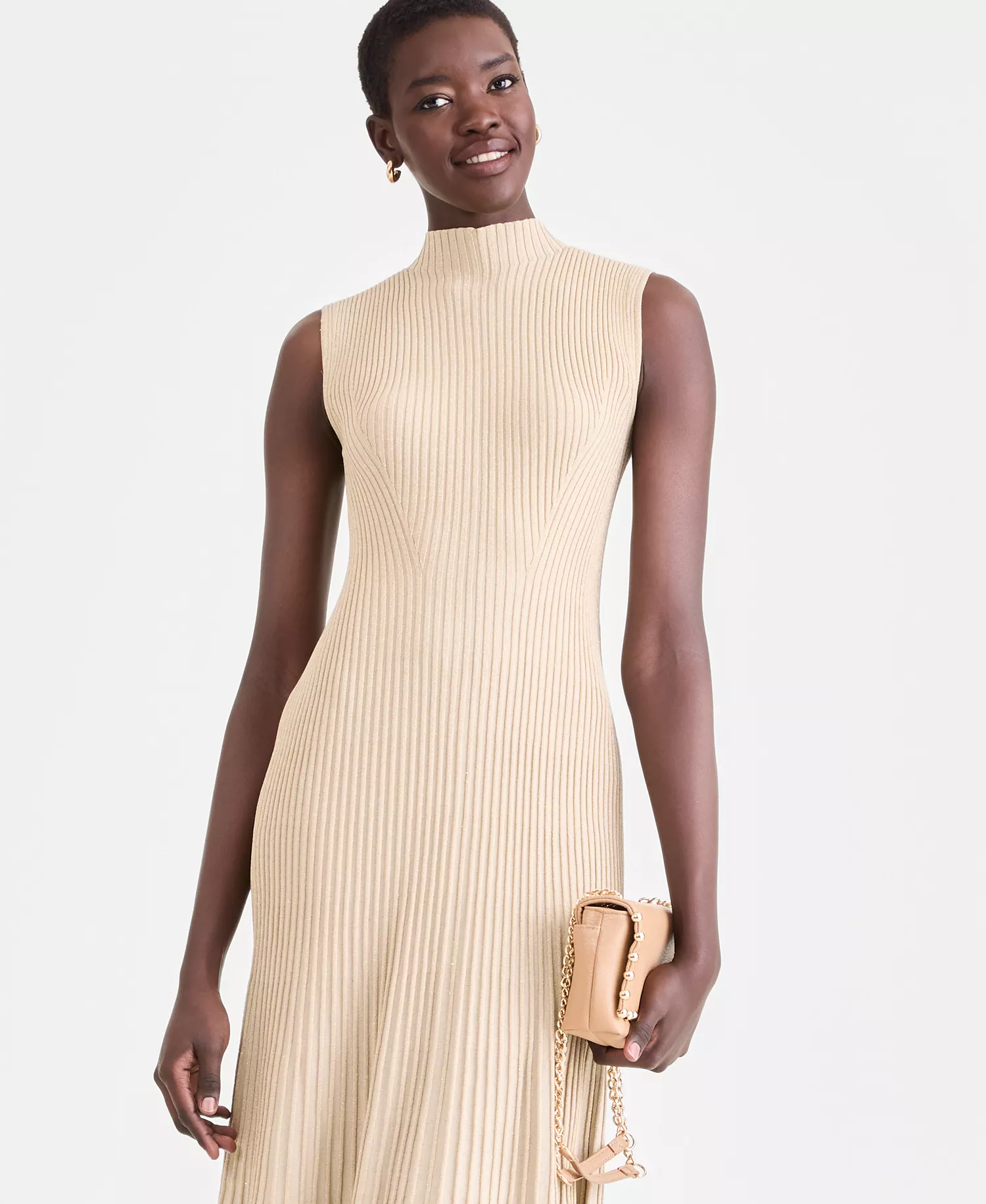 Women's Sleeveless Metallic Rib-Knit Sweater Dress, Exclusively at Macy's - Grain/Gold - L