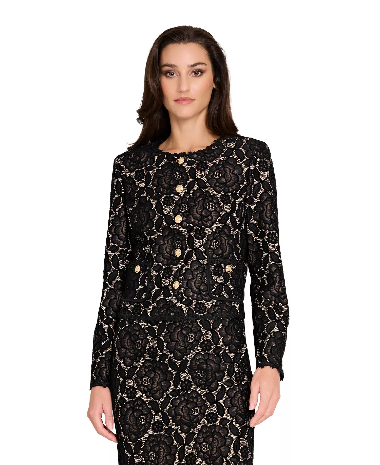 Women's Collarless Bonded Lace Jacket - Black Nude - 10