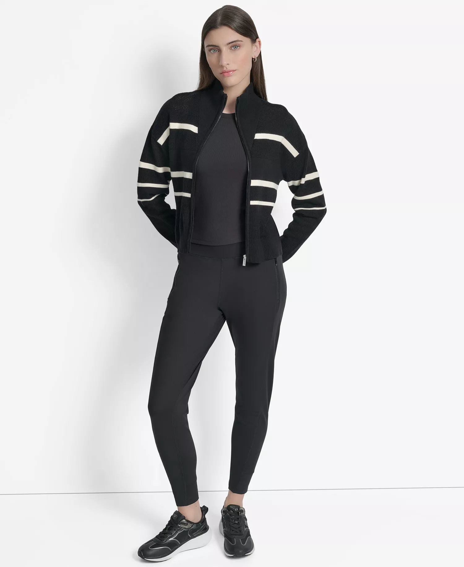 Women's Open Stitch Full Zip Stripe Jacket - Black/ Eggnog - L