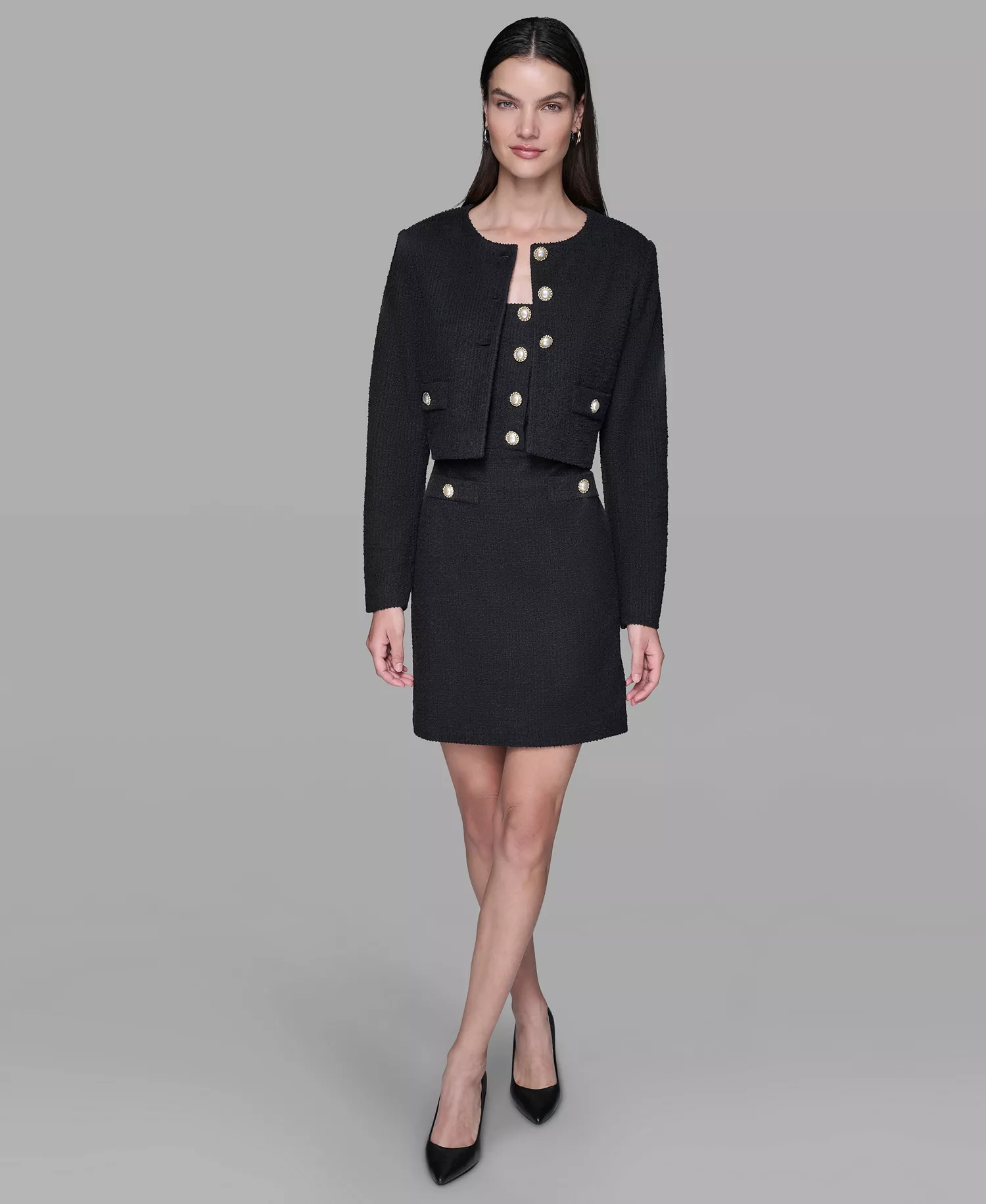 Women's Long-Sleeve Tweed Jacket - Black - 0