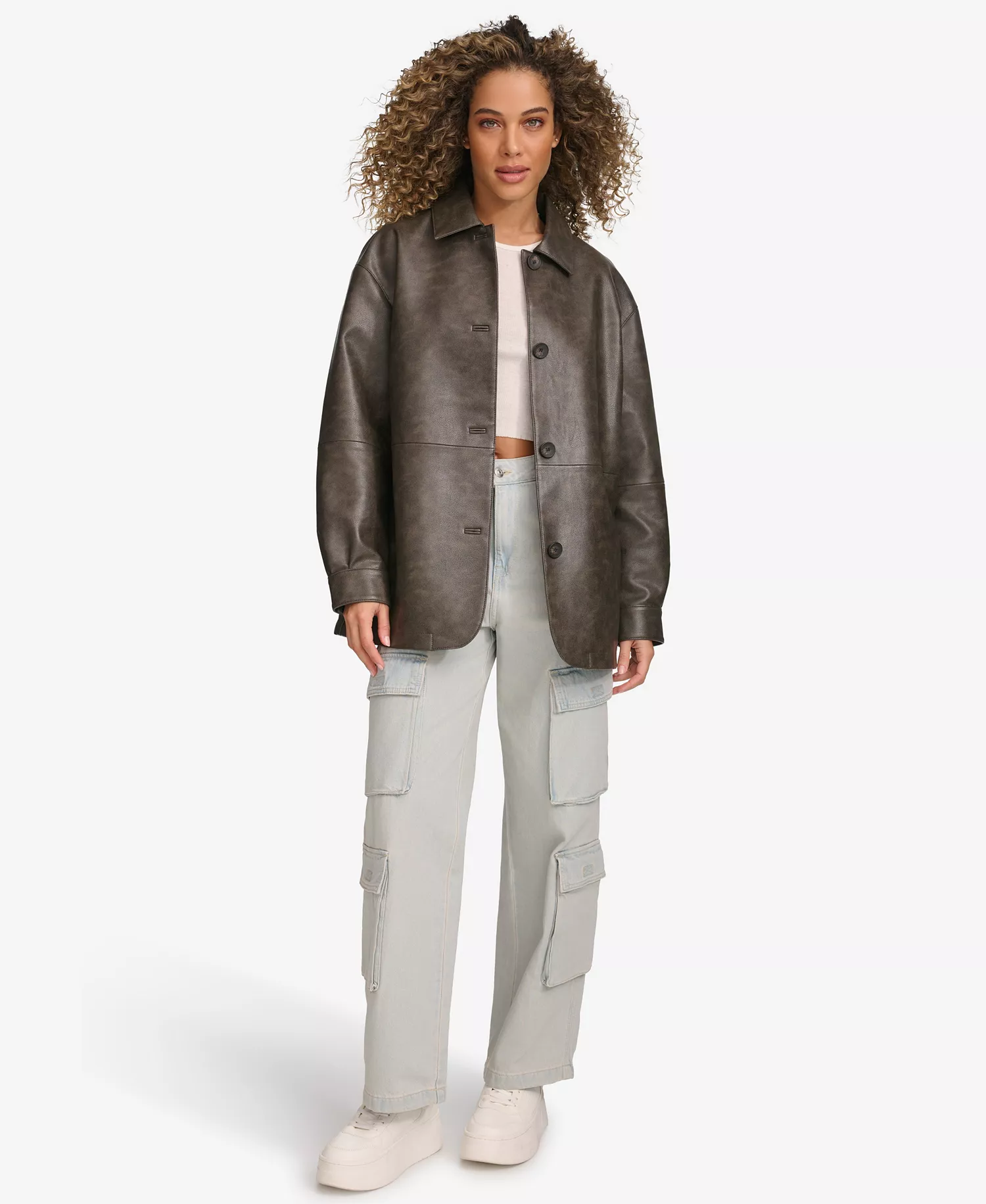 Women's Faux Leather Relaxed Vintage Look Blazer - Ash - L