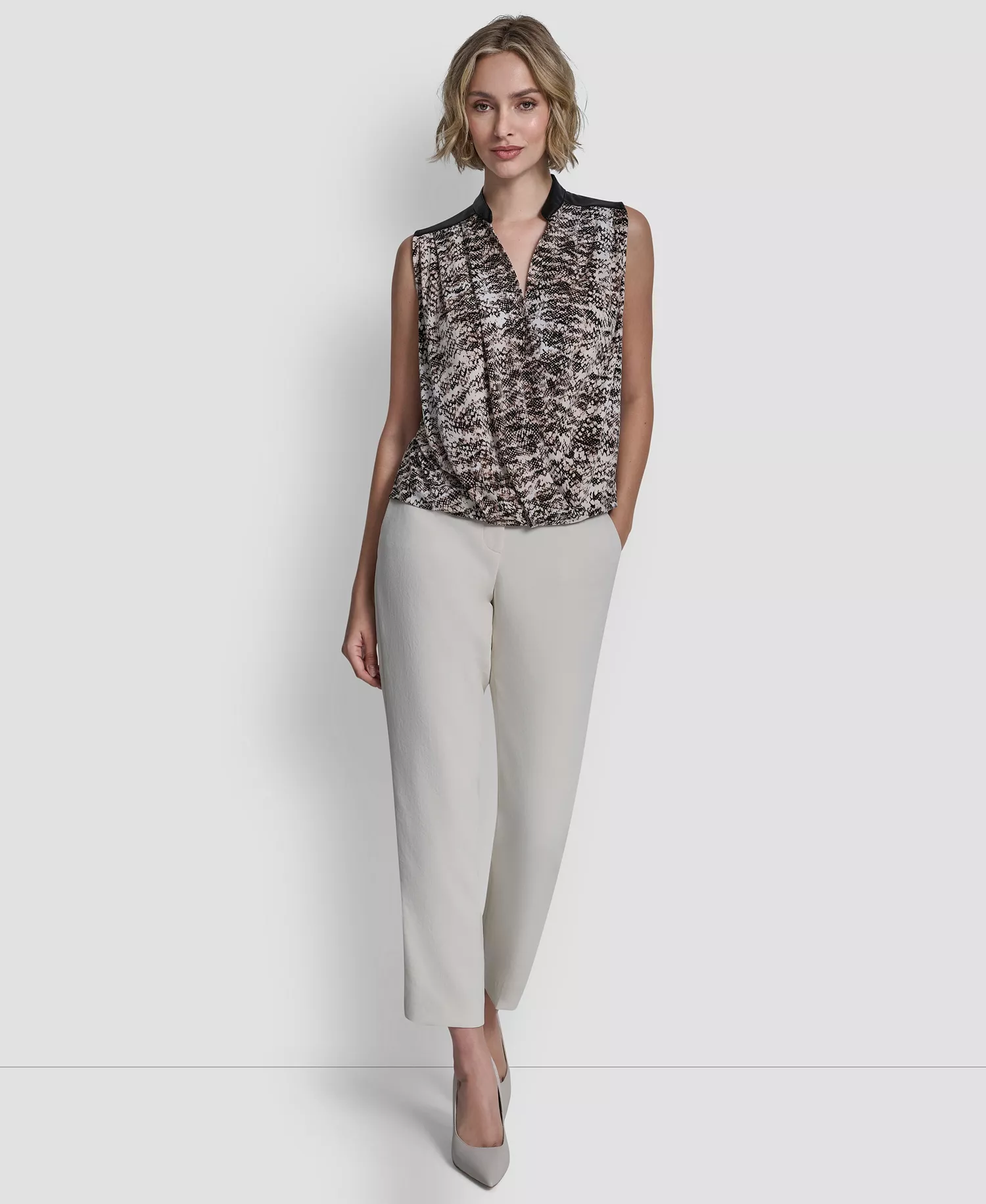 Women's V-Neck Cross Over Top - Travertine/ecru Multi - L