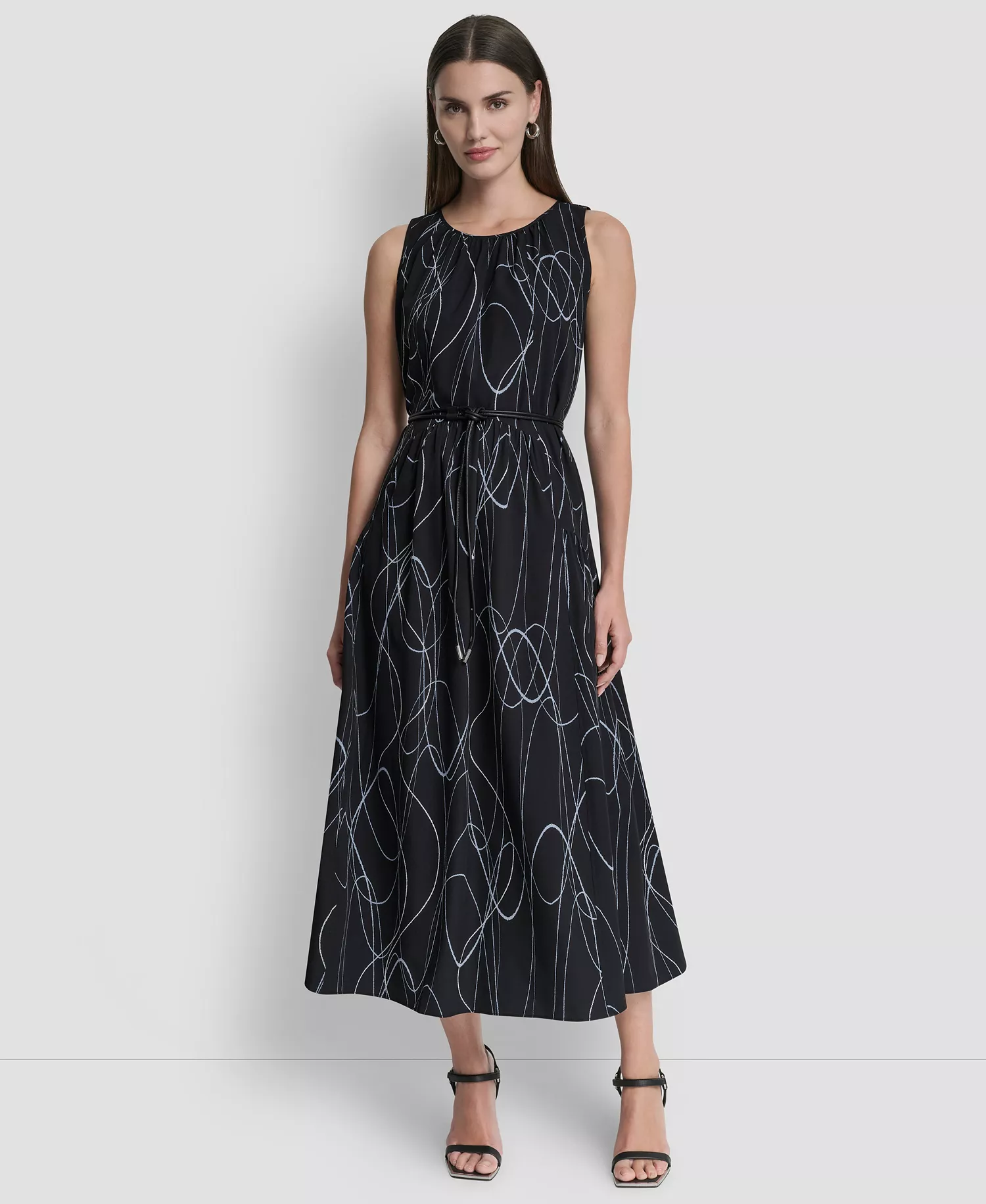 Women's Sleeveless Drop Waist Midi Dress - Black Multi - 10