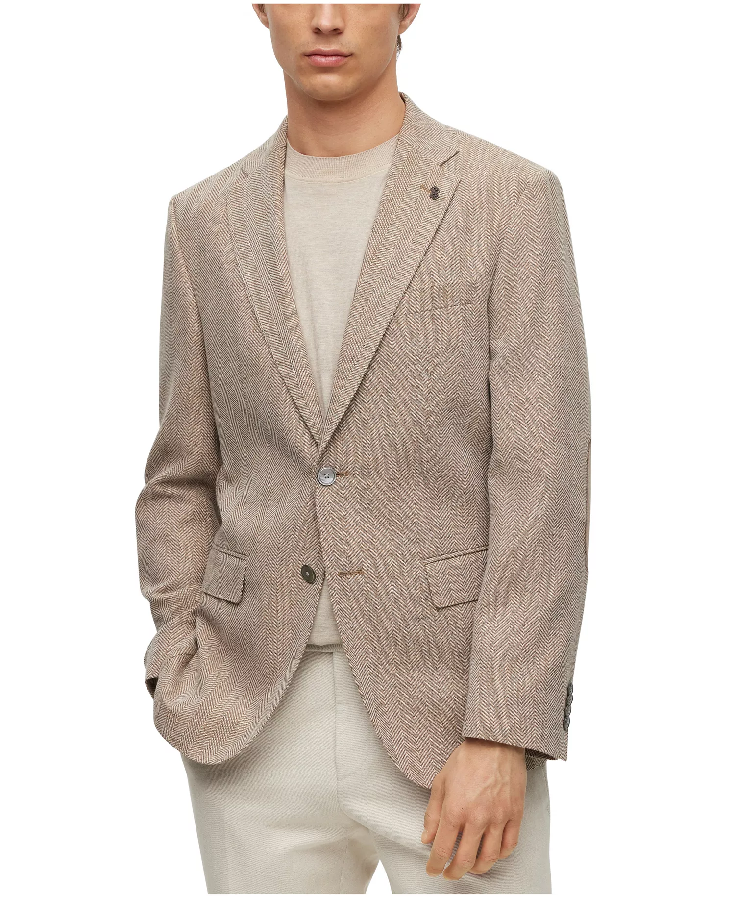 Men's Herringbone Slim-Fit Jacket - Medium Beige - 38S