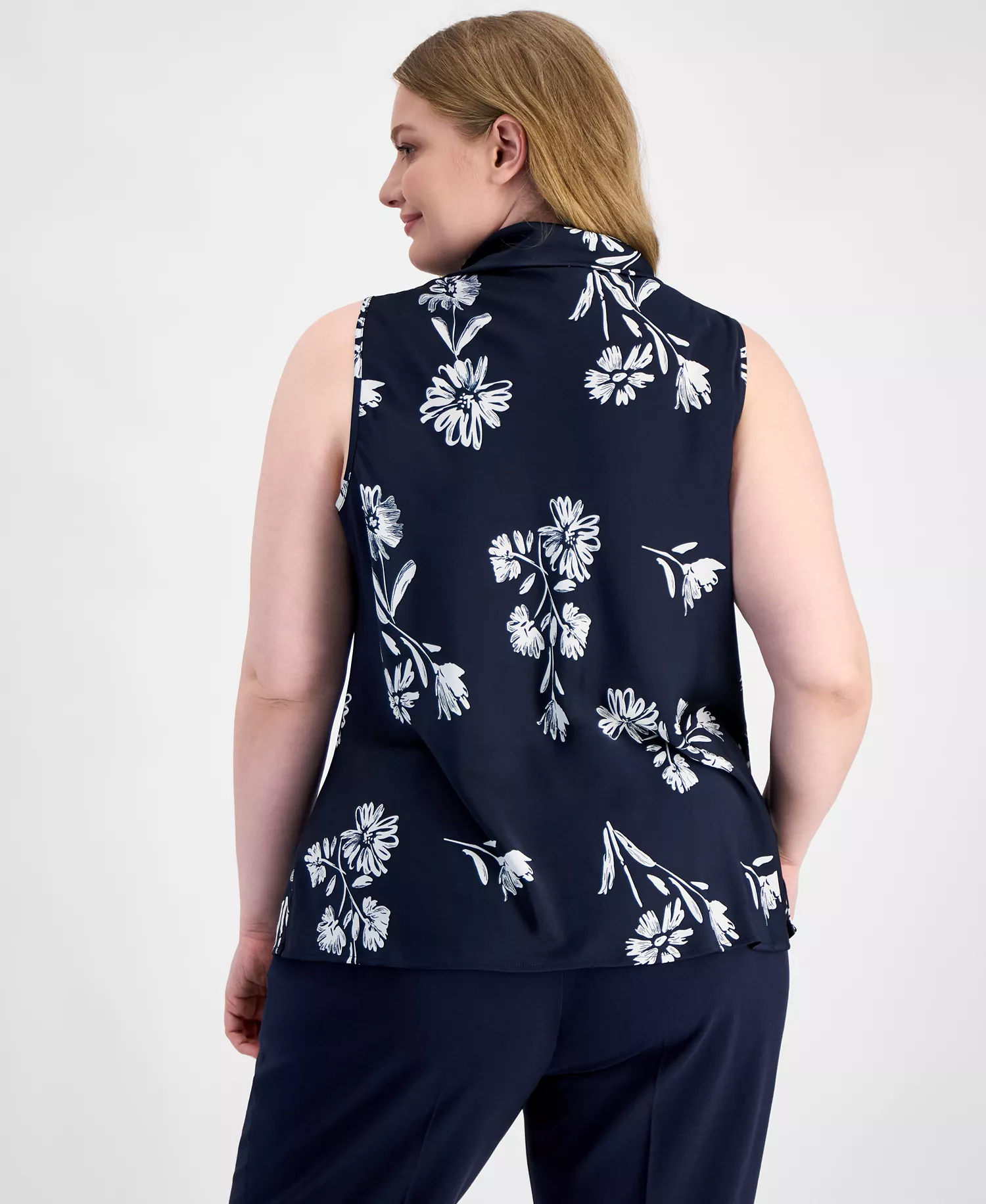 Plus Size Sailor Tie-Neck Sleeveless Blouse - Navy Ivory - 1X