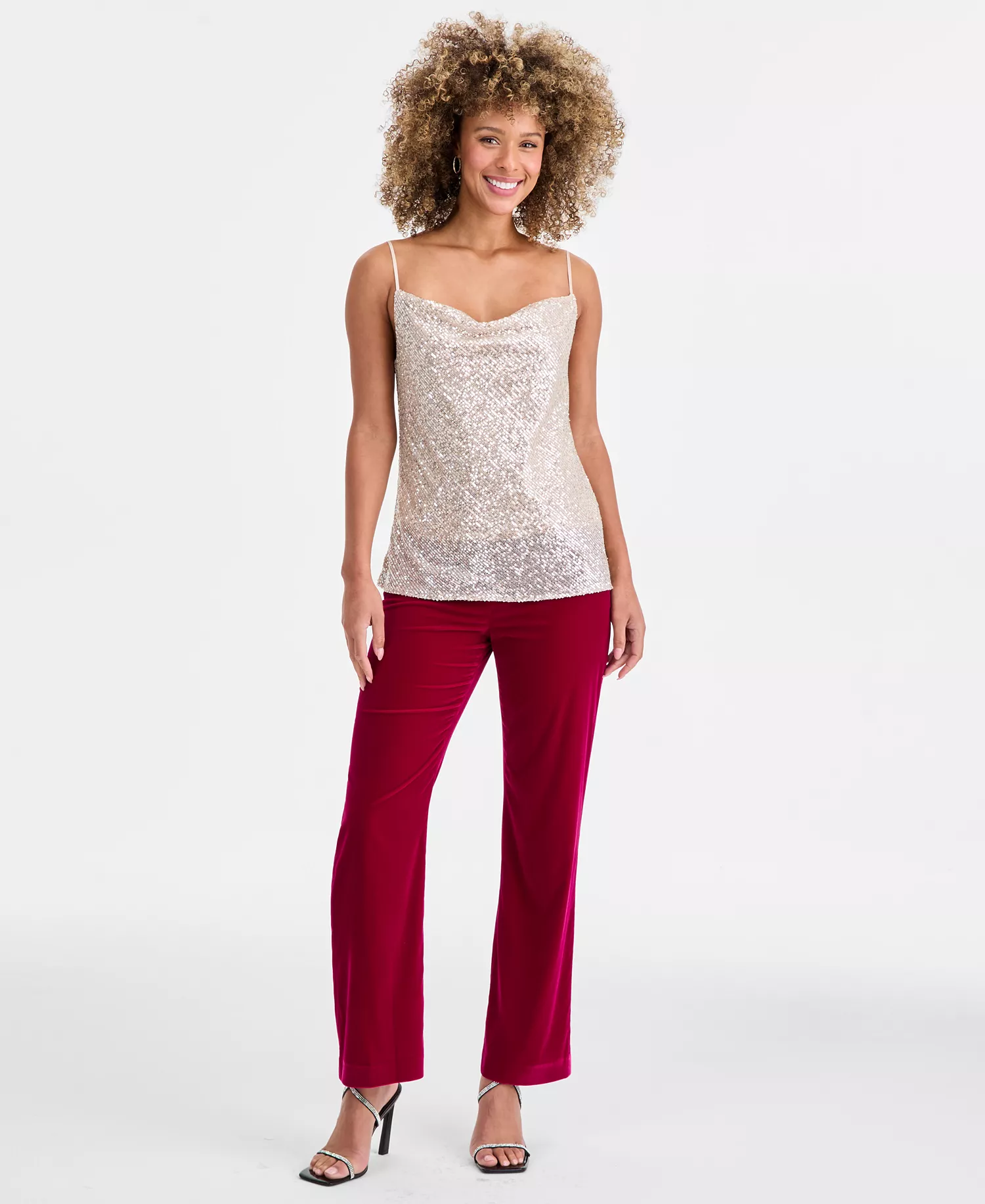 Women's Sequinned Cowl-Neck Top - Nude/silver - L