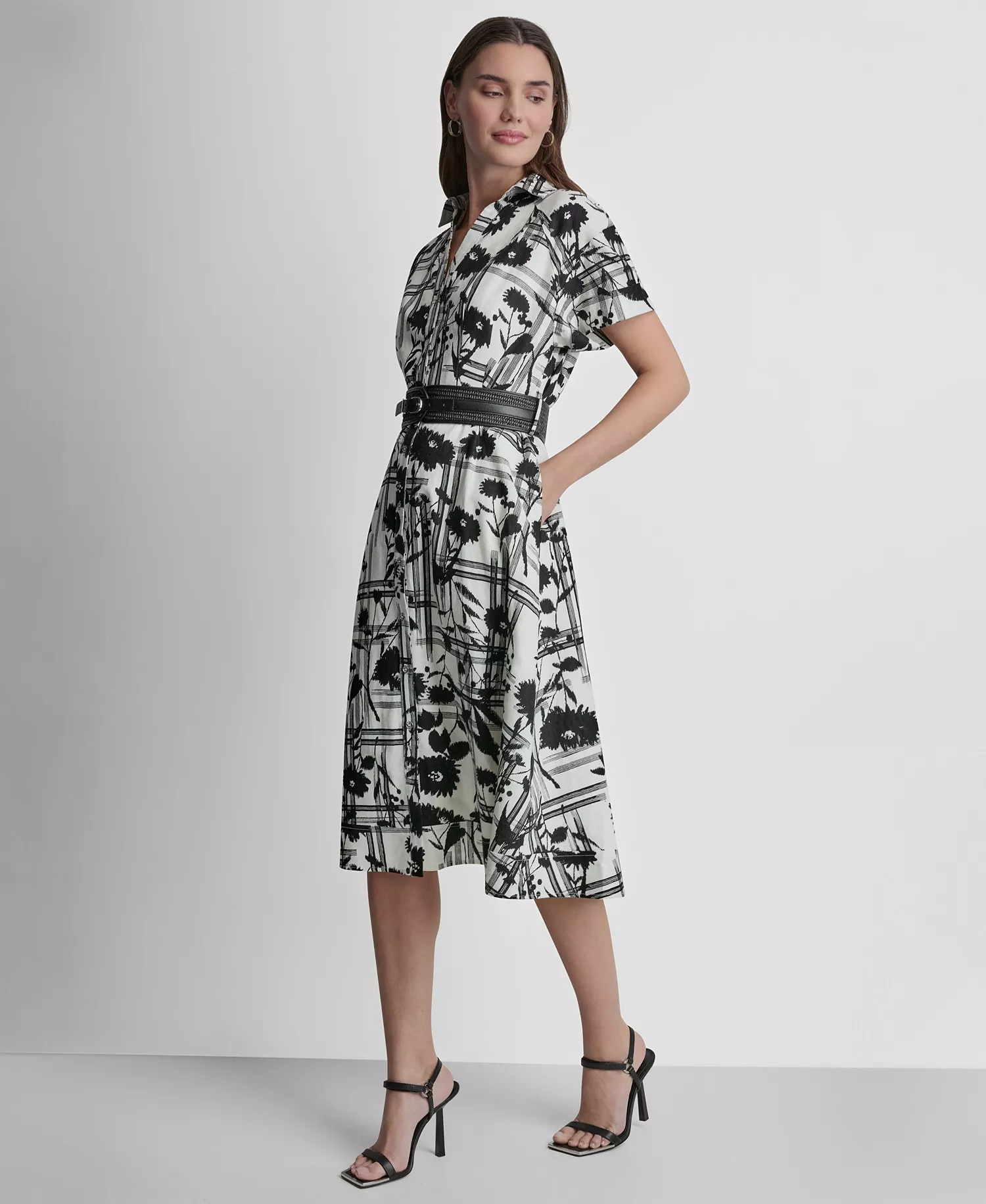 Women's Short-Sleeve Collared Neck Belt Midi Shirtdress - Ivory/Black - 10