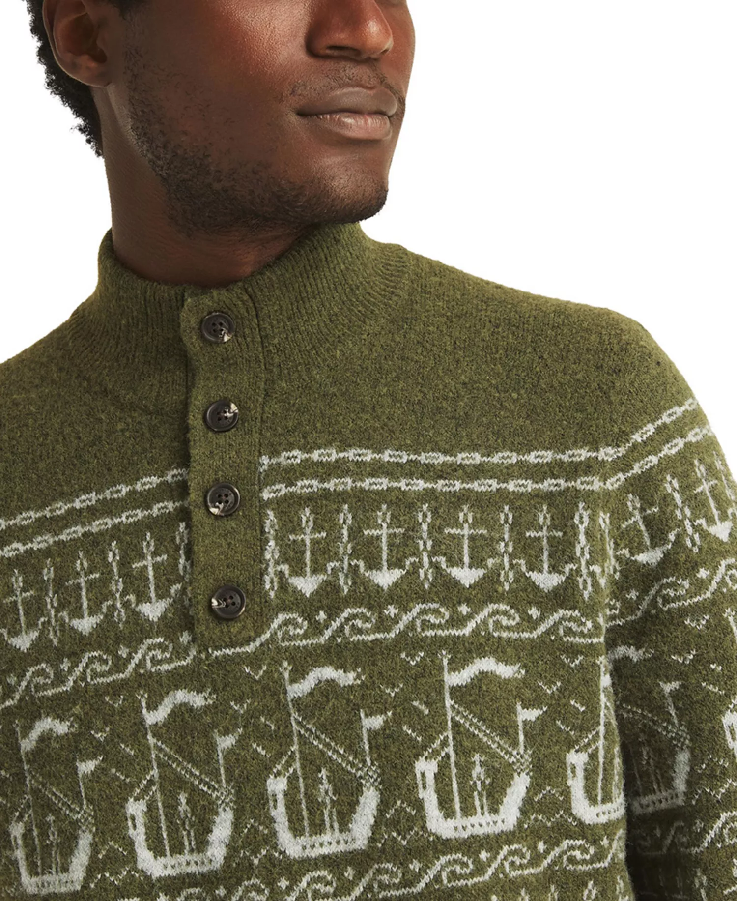 Men's Fairisle Button Up Mock Neck Sweater - Forest Night - 2XL