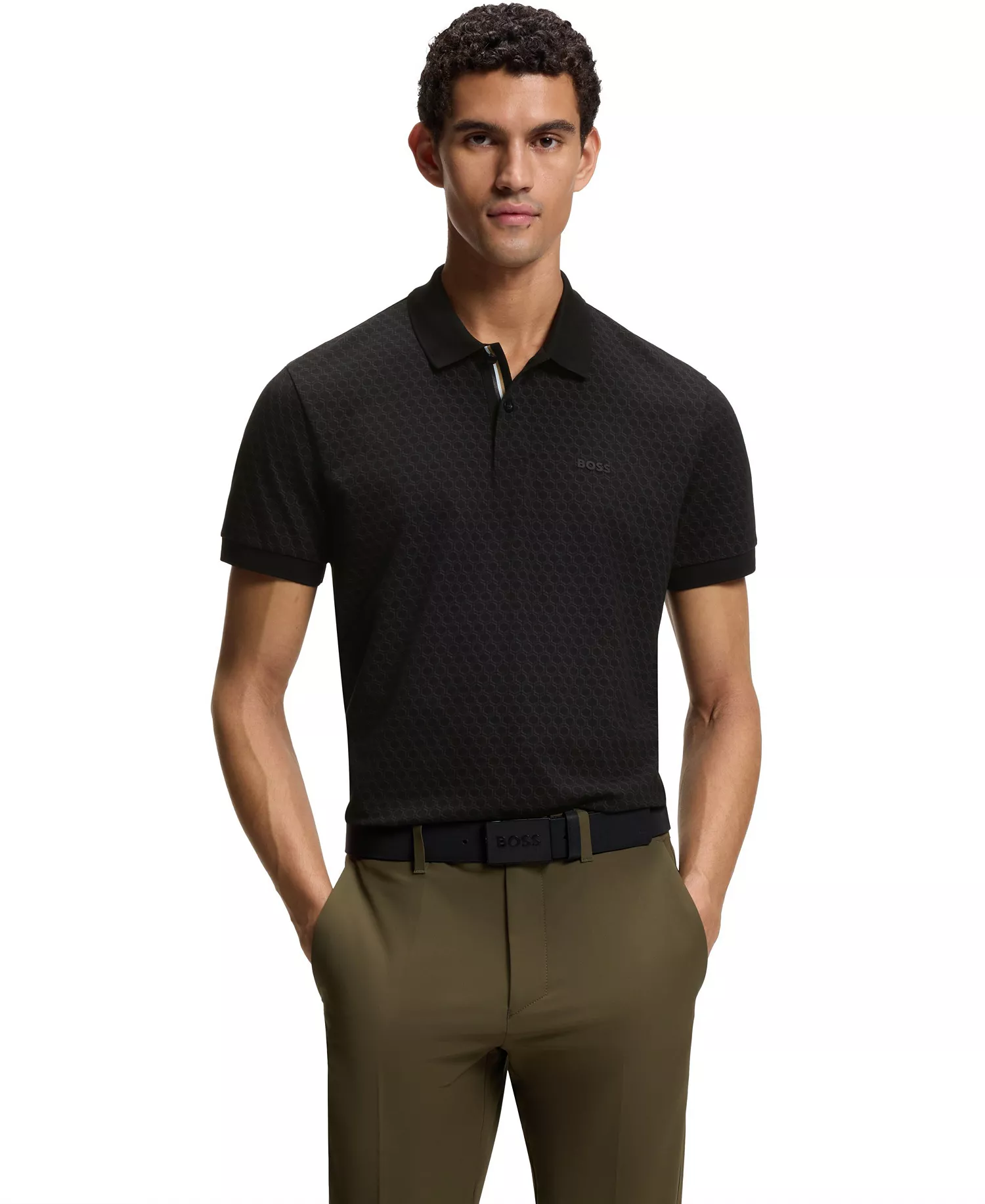 Men's Cotton-Piqué Printed Pattern Polo Shirt - Black - L