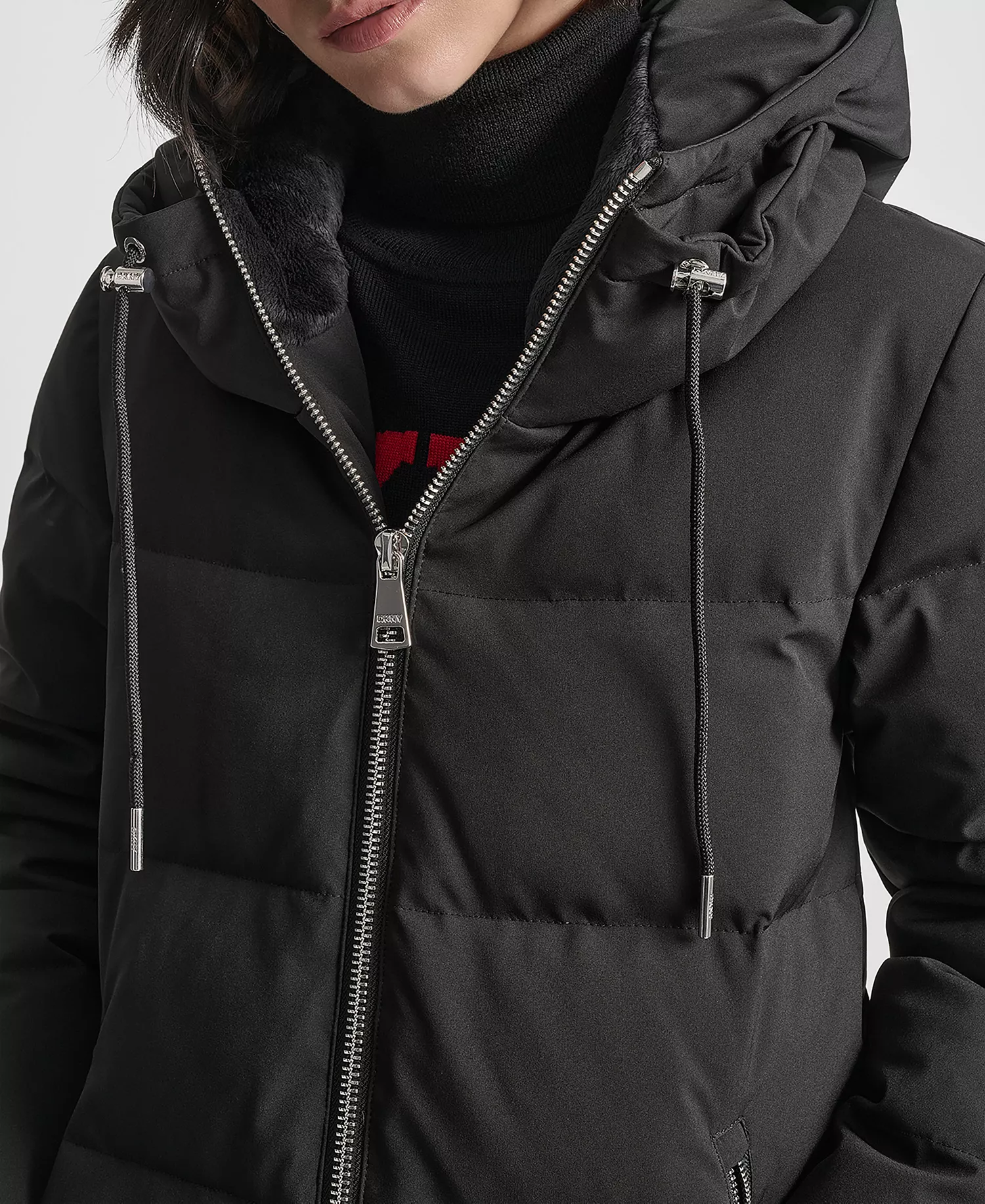 Women's Stand Collar Zipper Puffer Coat - Black - L