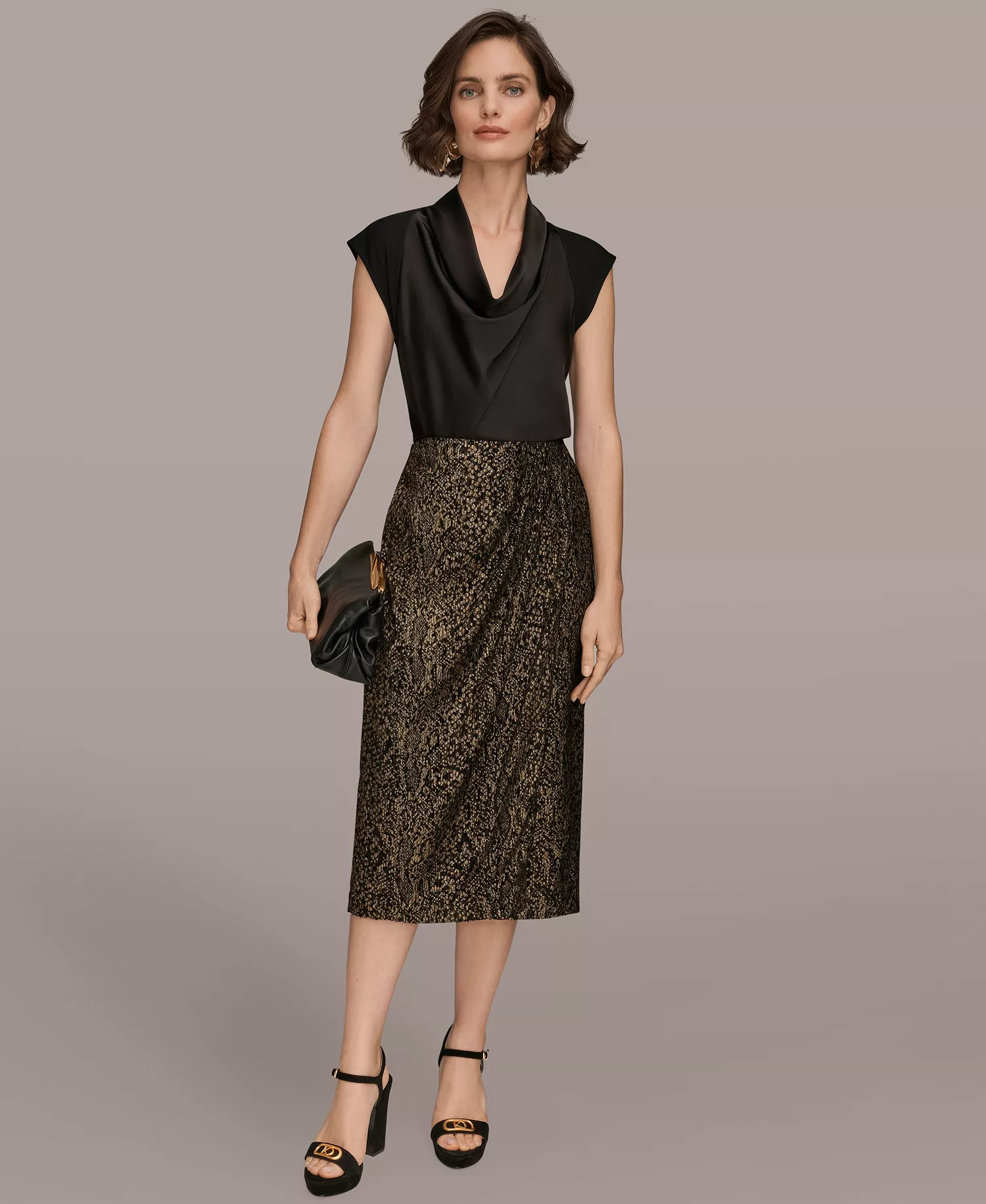 Women’s Faux Wrap Metallic Burnout Skirt - Black/Gold - 10