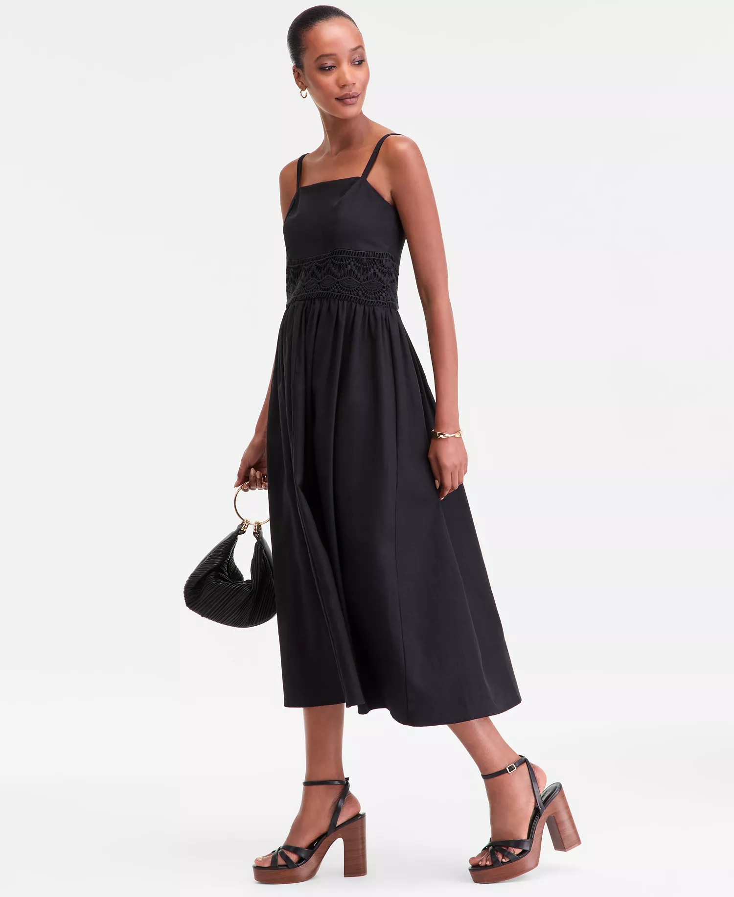 Women's Sleeveless Lace-Inset Cotton-Linen Blend Midi Dress, Macy's Exclusive - Deep Black - L