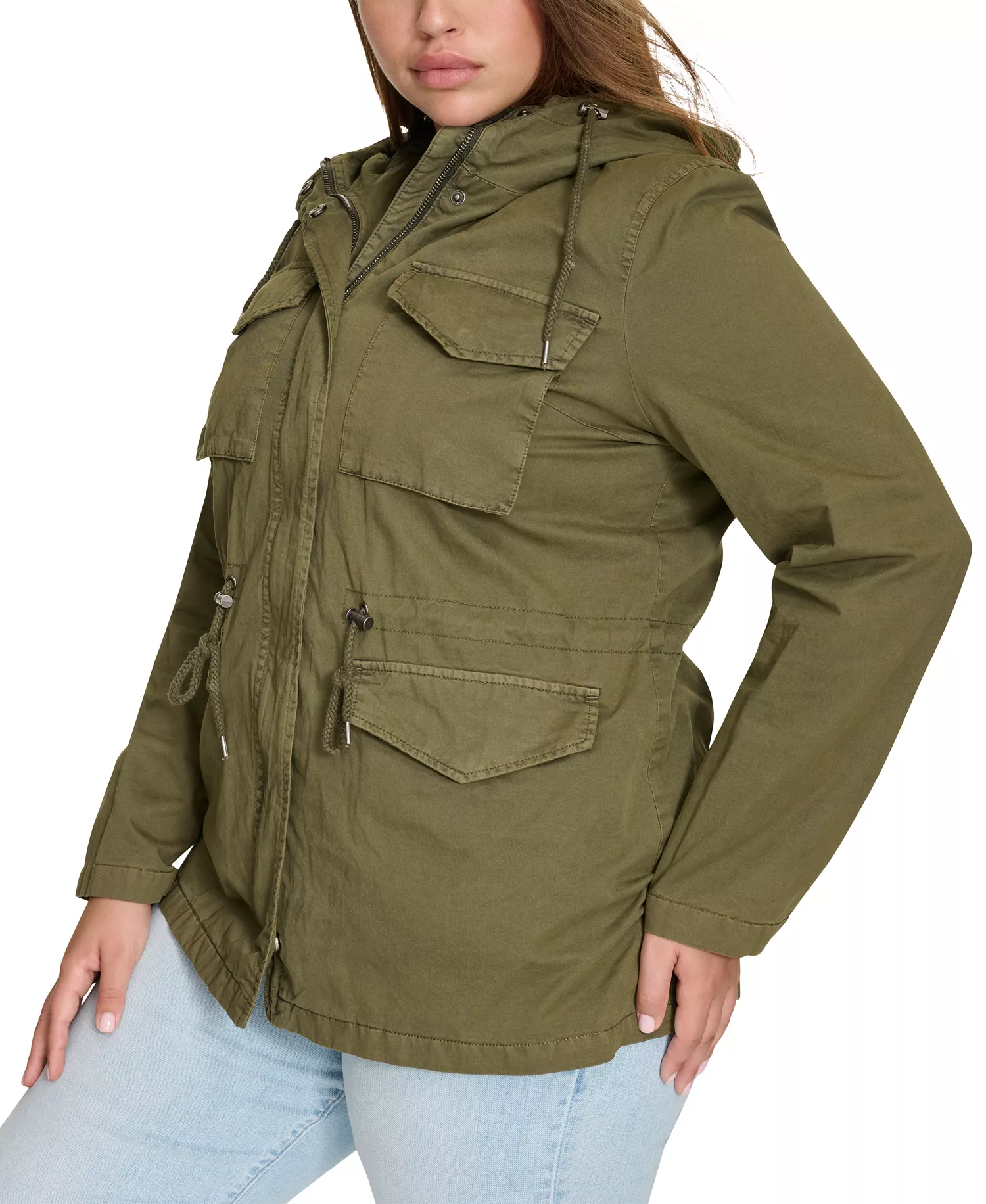 Plus Size Cotton Hooded Military Zip-Front Jacket  - Olive - 1X