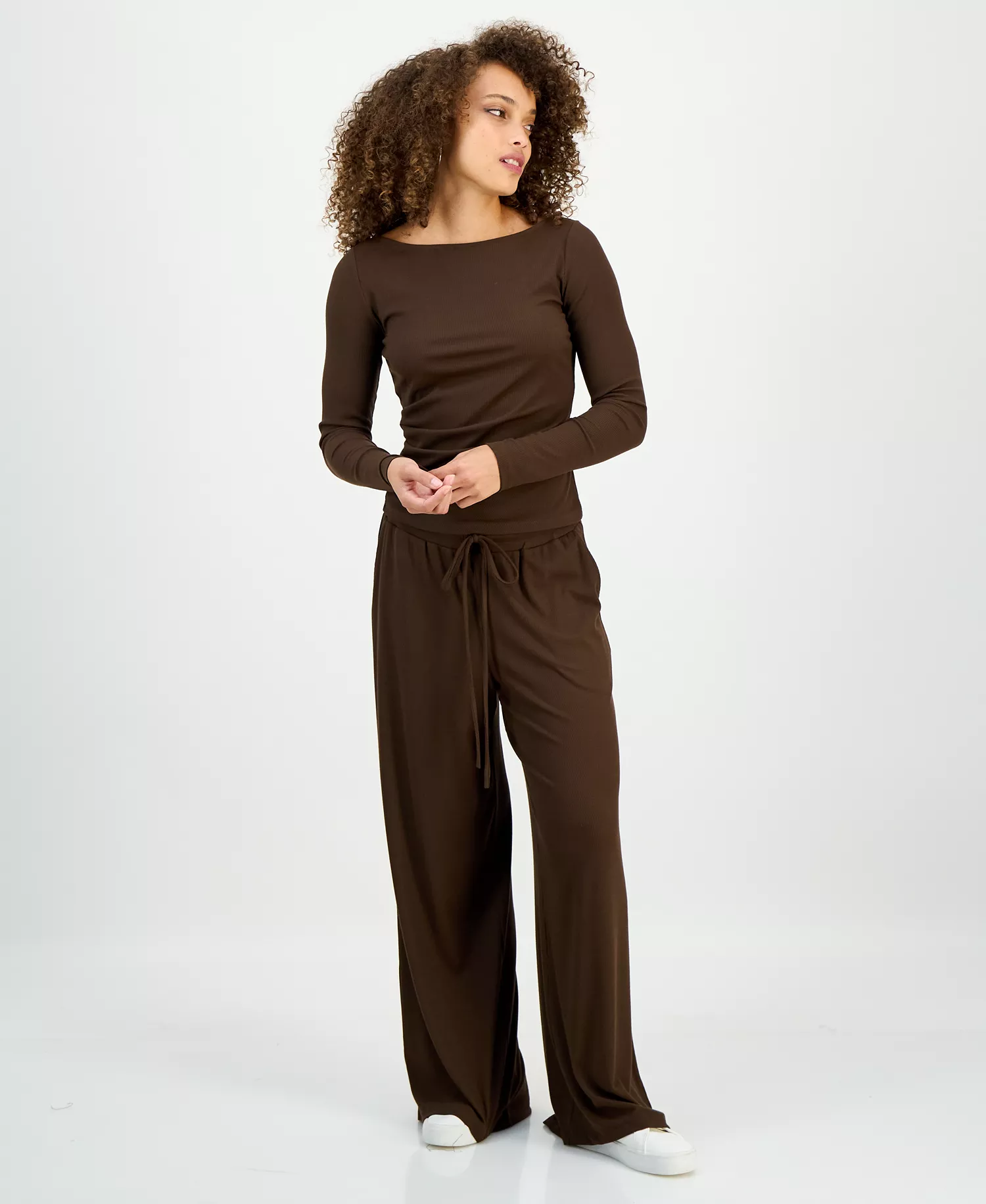 Petite Ribbed Knit High Rise Drawstring Wide-Leg Pants, Macy's Exclusive - Coco Oak - P/L